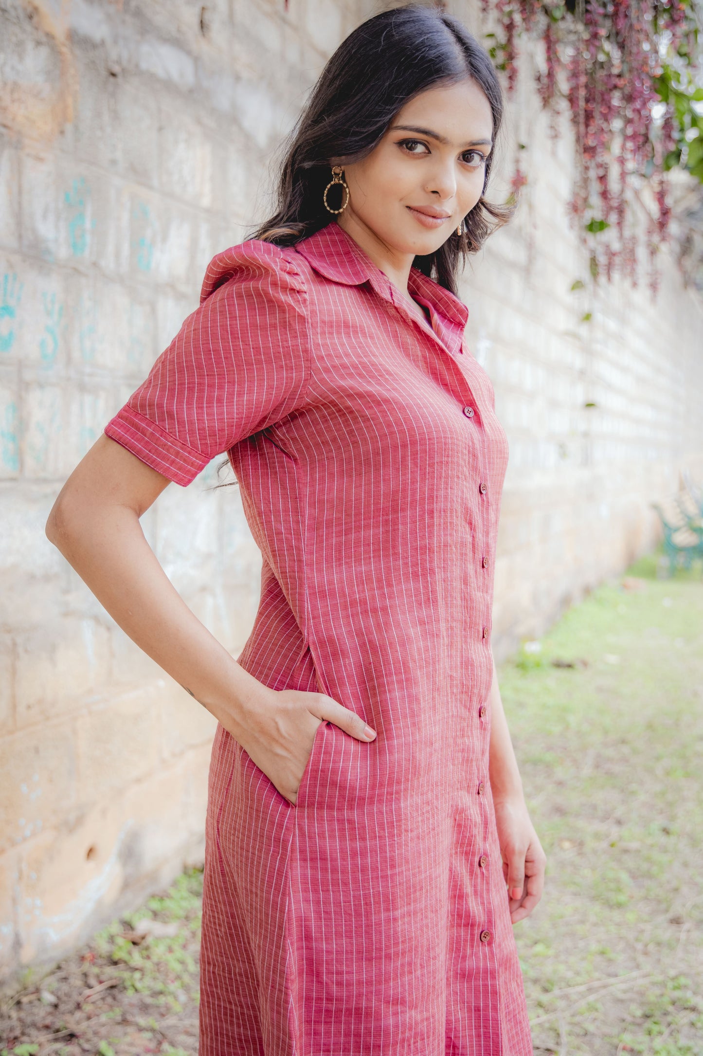 Kora Handloom Cotton with Kantha Work Comfort Fit Shirt Dress