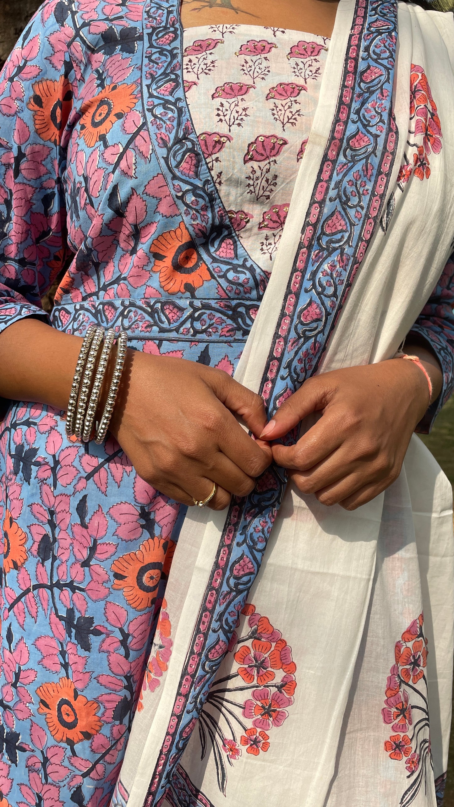 Blue Pink Floral Handblock Print With 3/4 Sleeves Suit Set