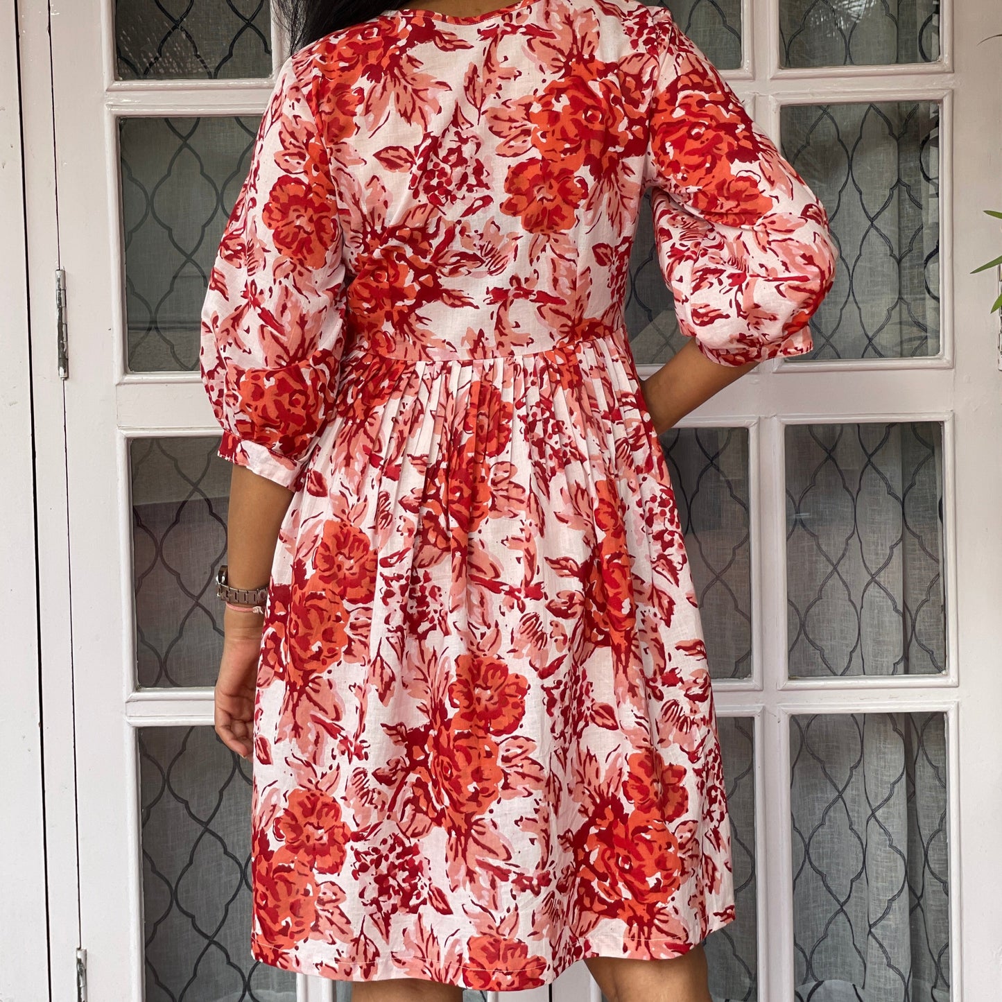 'Bloom All Day' Orange/Red Floral Pleated Handblock Print Dress.