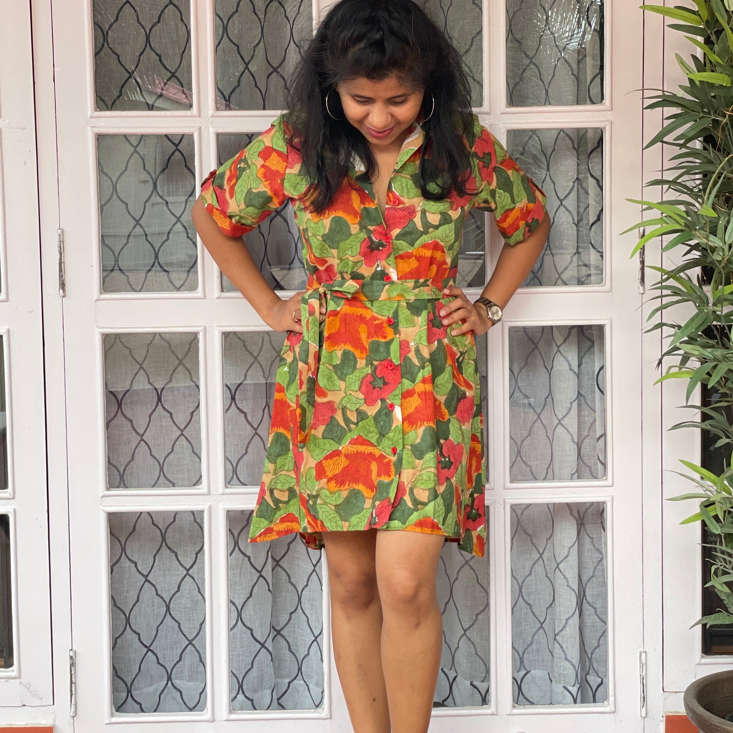 'Bloom All Day' High-Low Curved Handblock Print Shirt Dress.