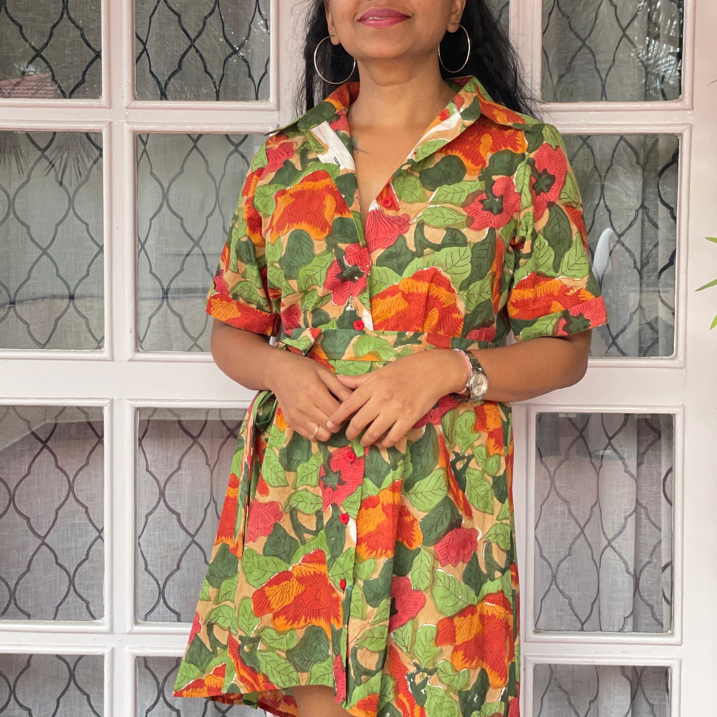 'Bloom All Day' High-Low Curved Handblock Print Shirt Dress.