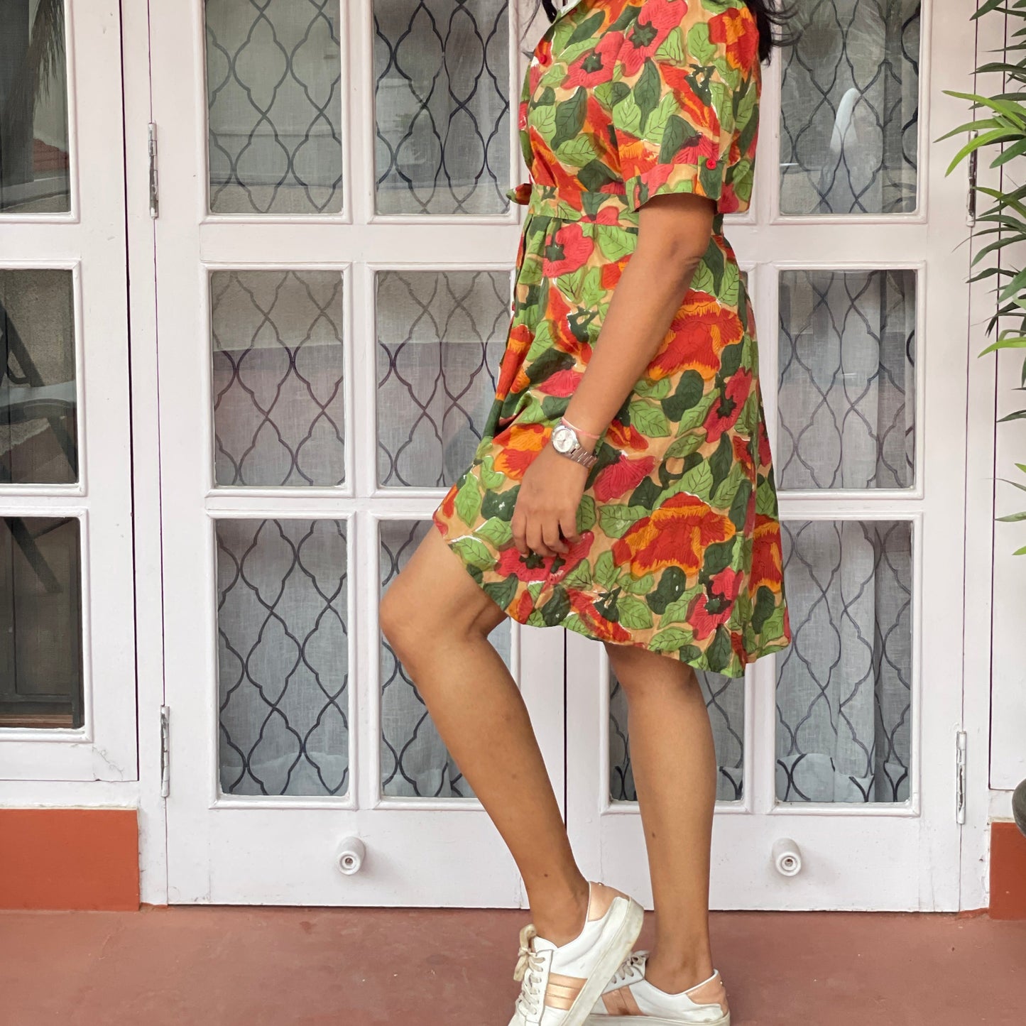 'Bloom All Day' High-Low Curved Handblock Print Shirt Dress.