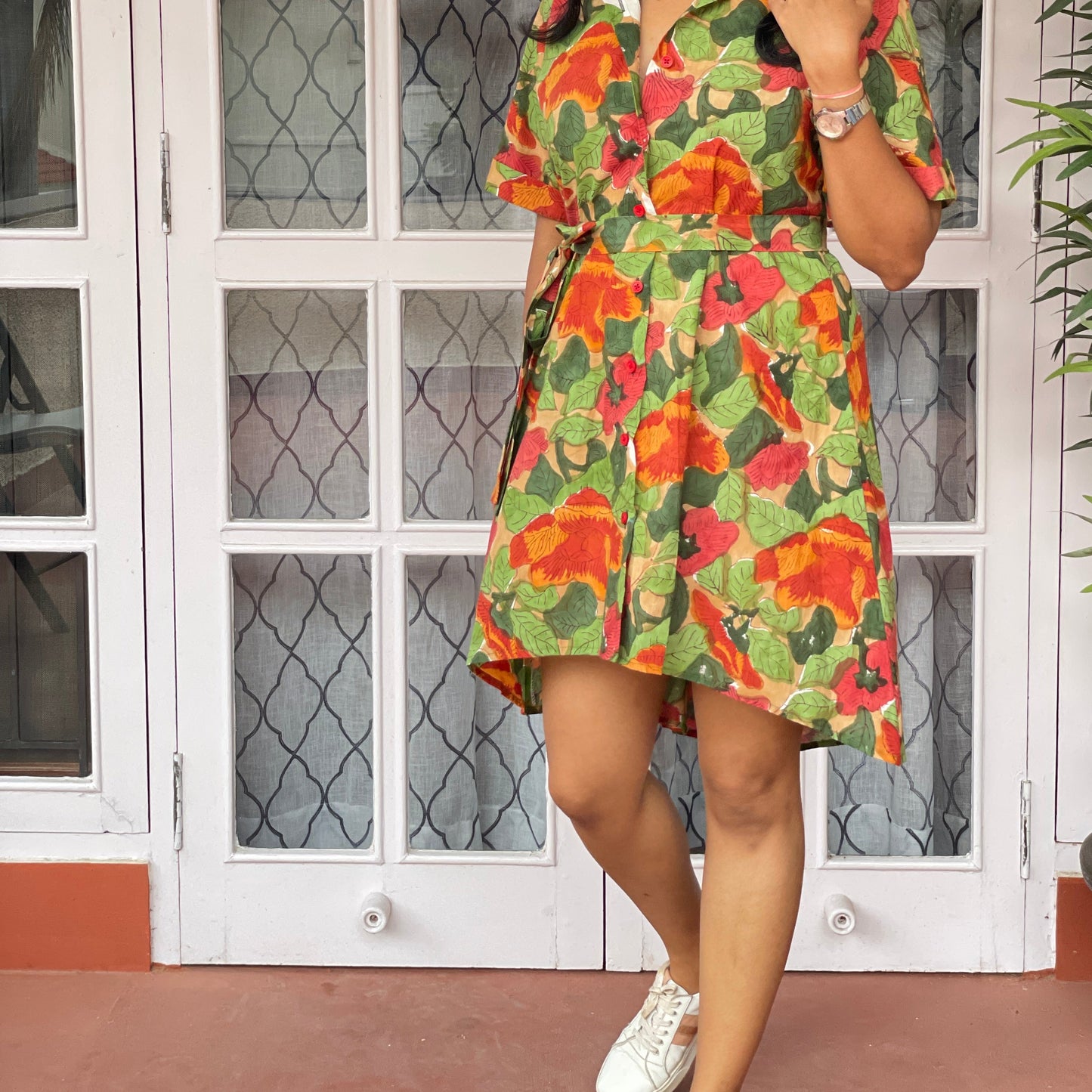 'Bloom All Day' High-Low Curved Handblock Print Shirt Dress.