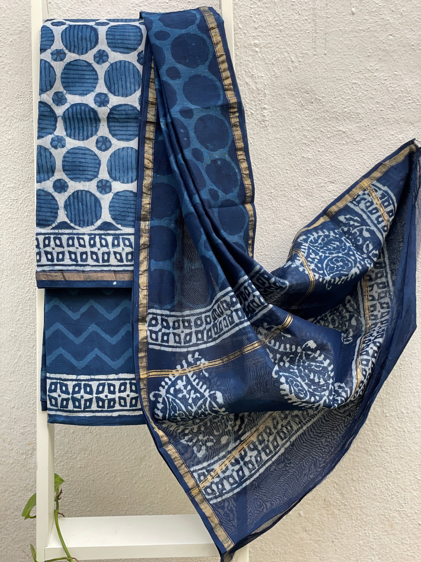 Bagru Handblock print Chanderi Silk Dress Material - Enchanting Indigo