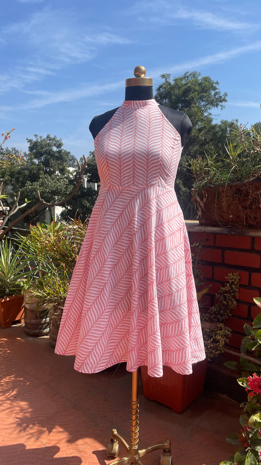 Pink Marshmallow Stripe Halter Neck Midi Dress