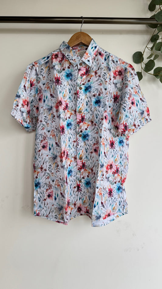 The Ether Prints Linen Shirt - Red Blue Flora