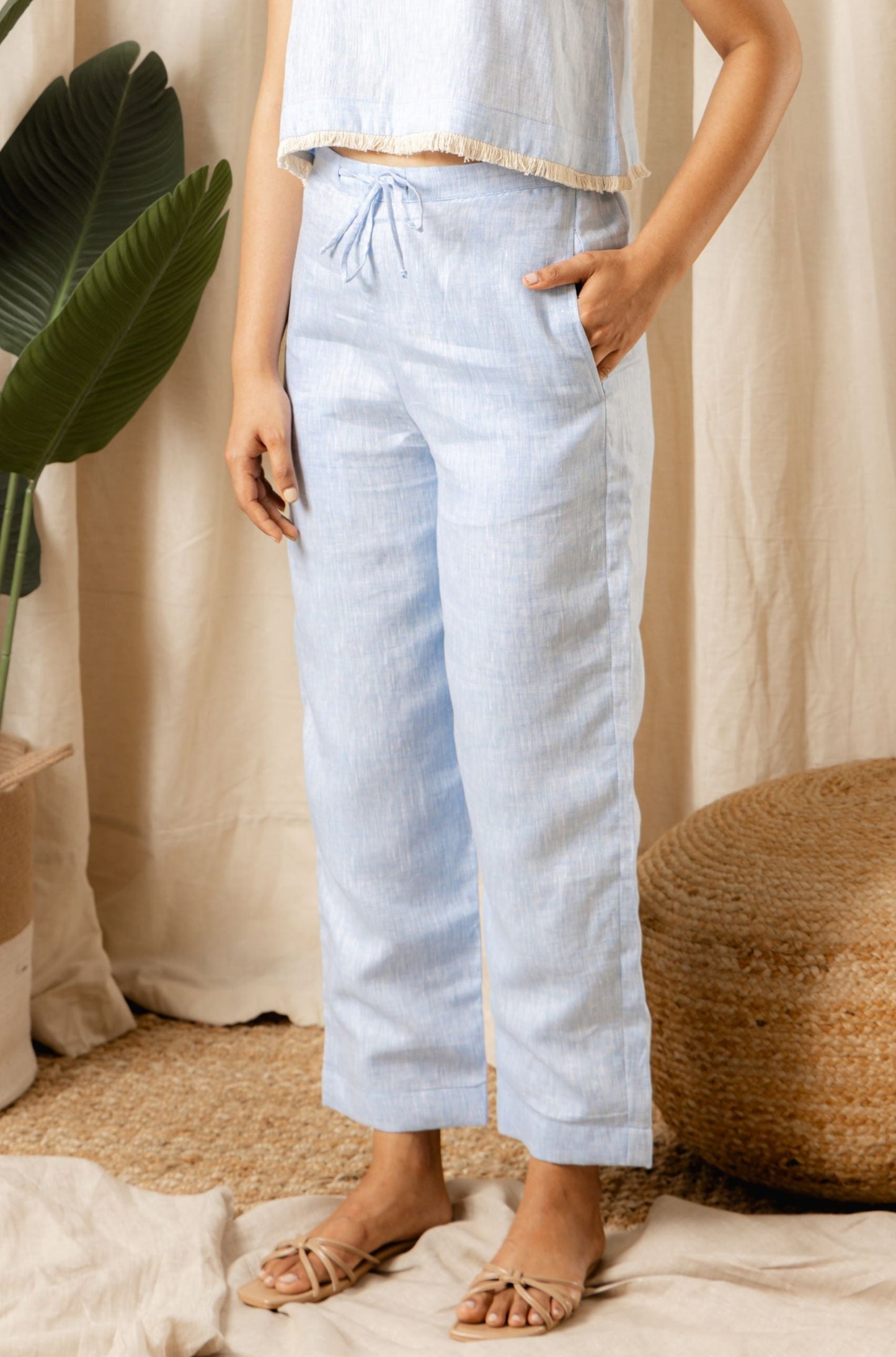 Whispering Skies 100% Linen Straight Cut Pants