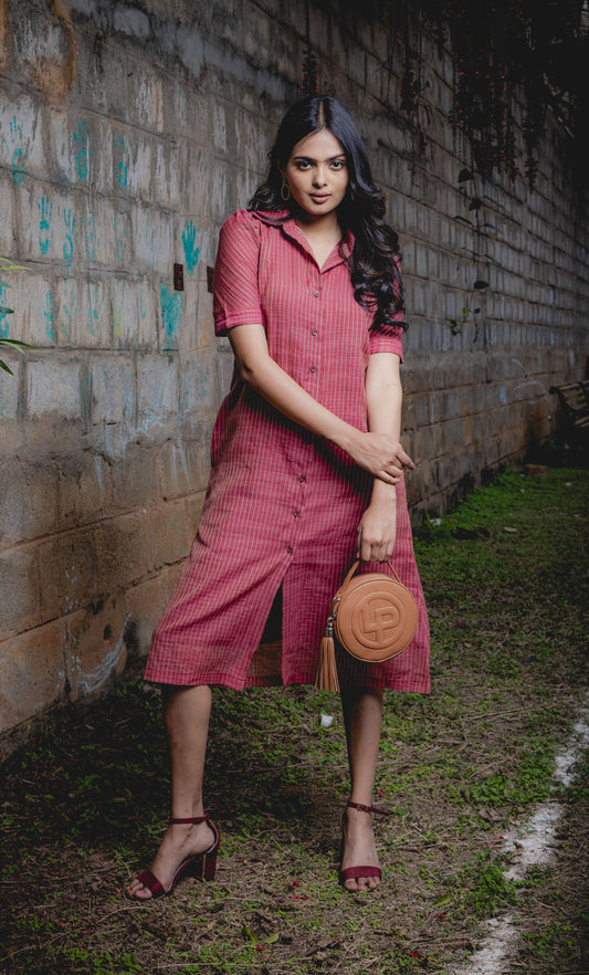 Kora Handloom Cotton with Kantha Work Comfort Fit Shirt Dress