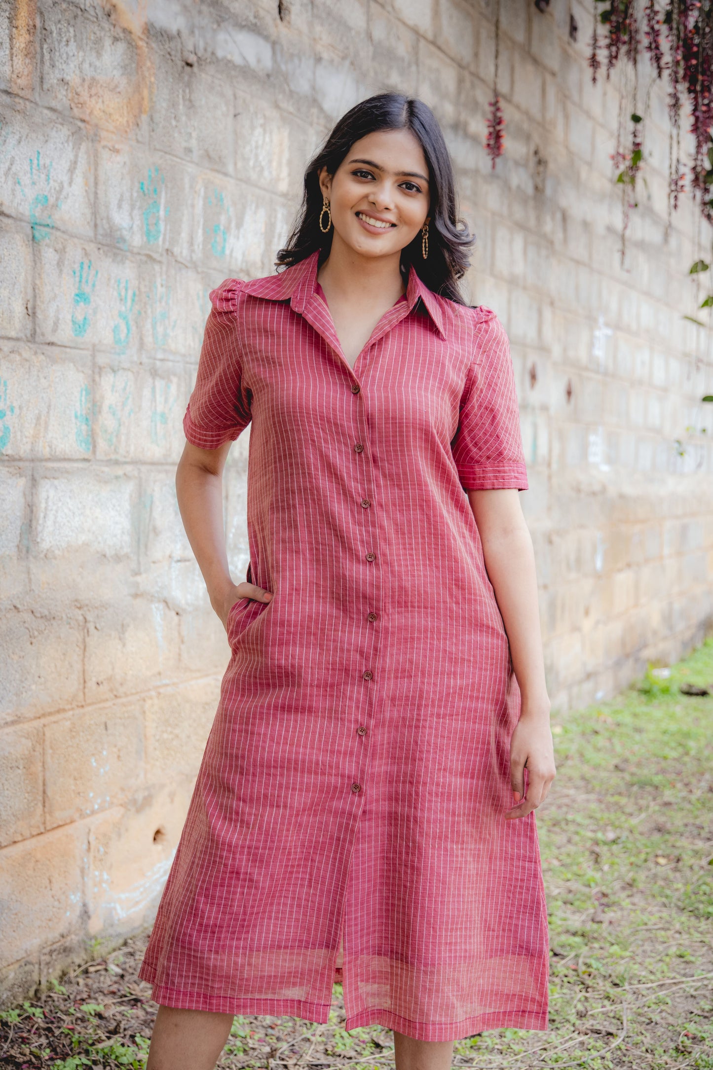 Kora Handloom Cotton with Kantha Work Comfort Fit Shirt Dress