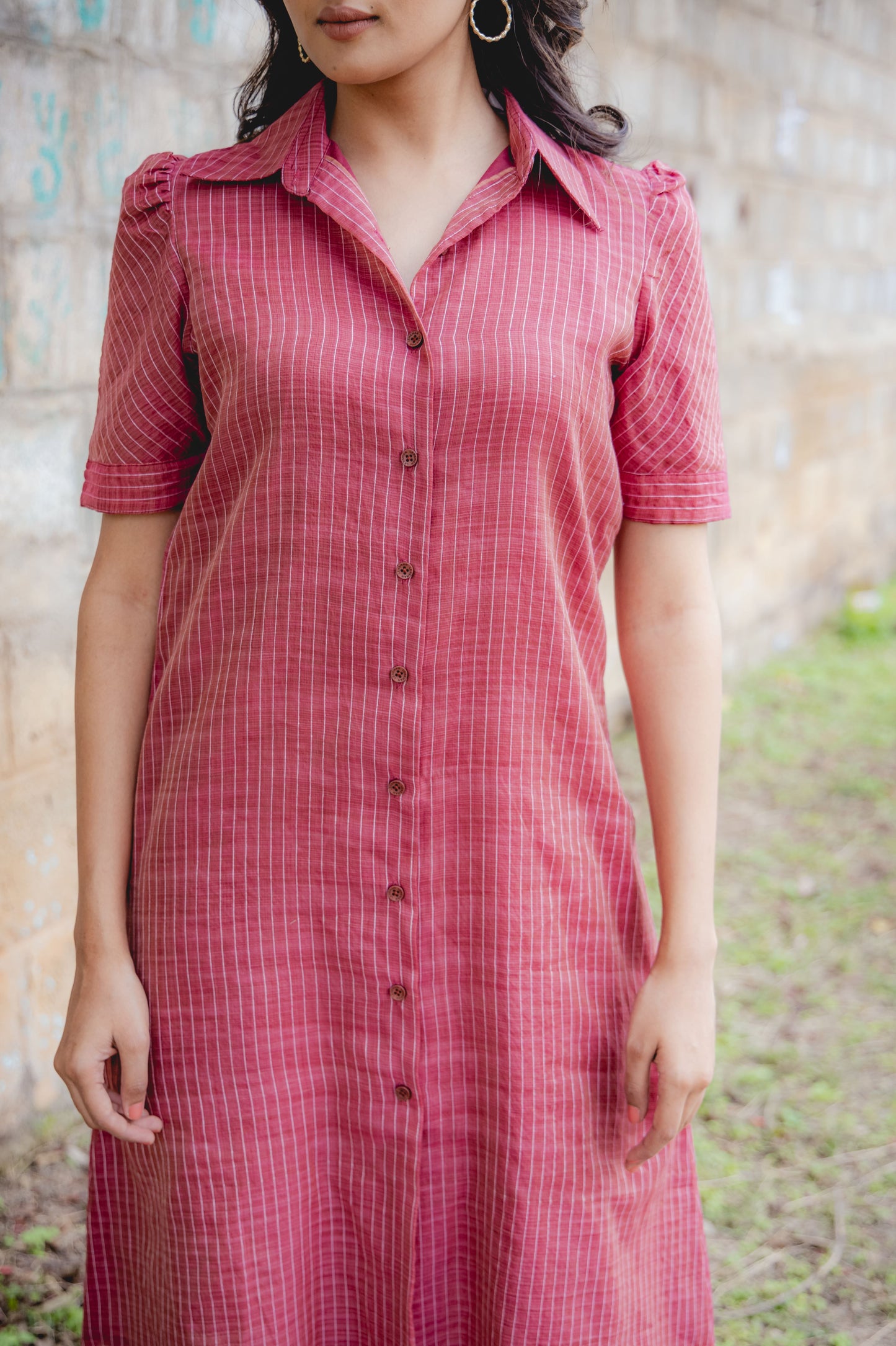 Kora Handloom Cotton with Kantha Work Comfort Fit Shirt Dress
