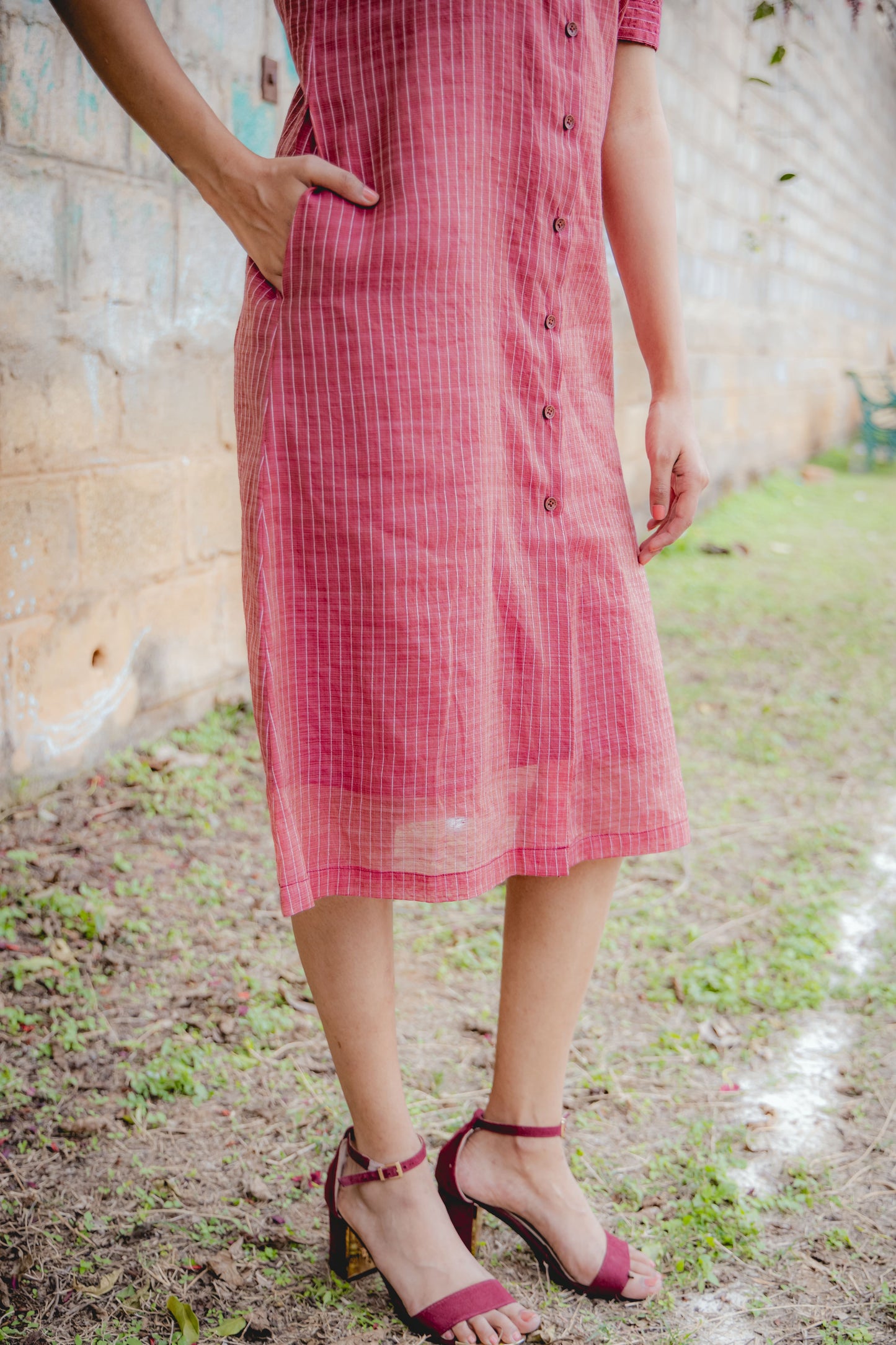Kora Handloom Cotton with Kantha Work Comfort Fit Shirt Dress
