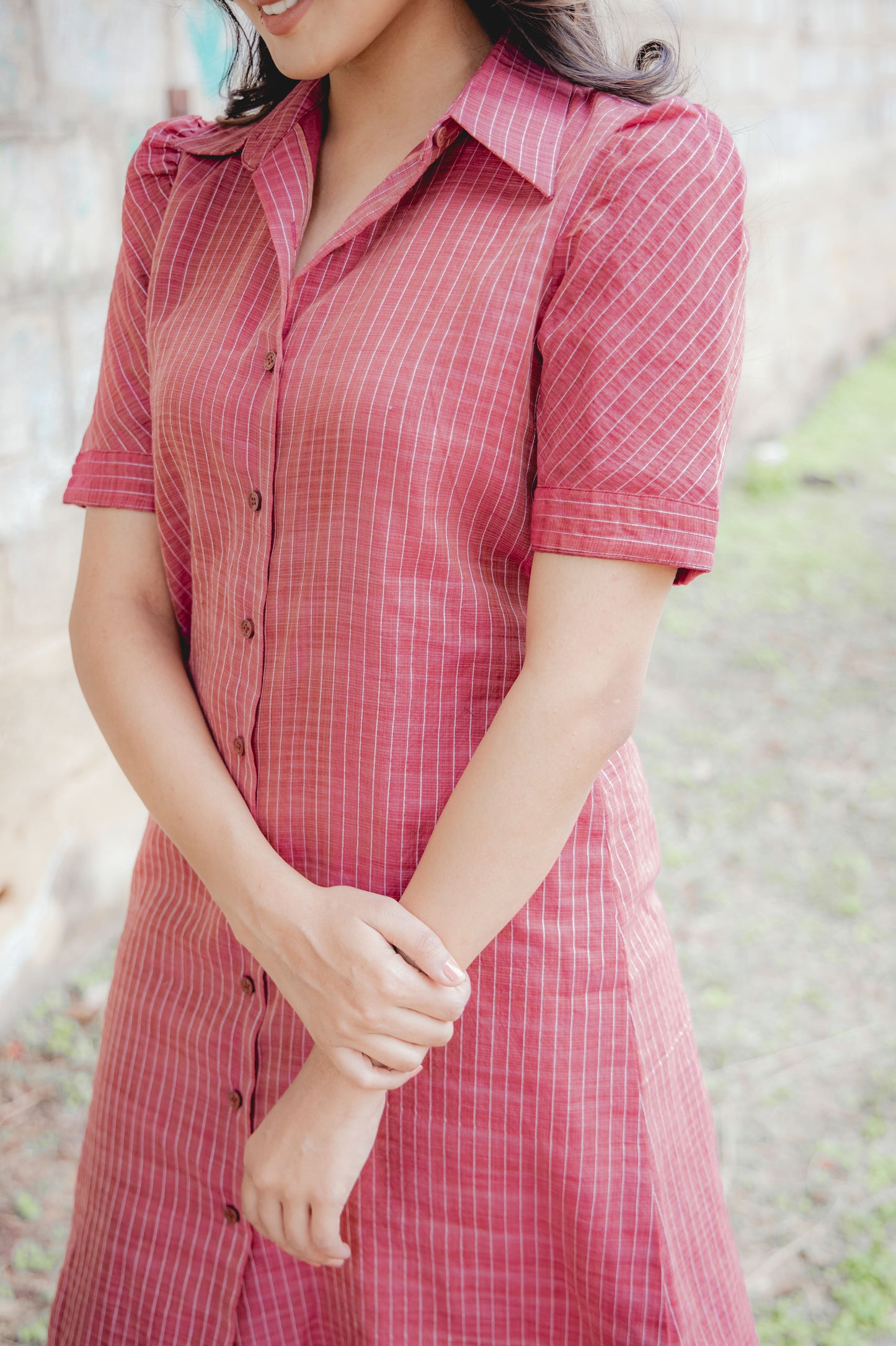 Kora Handloom Cotton with Kantha Work Comfort Fit Shirt Dress