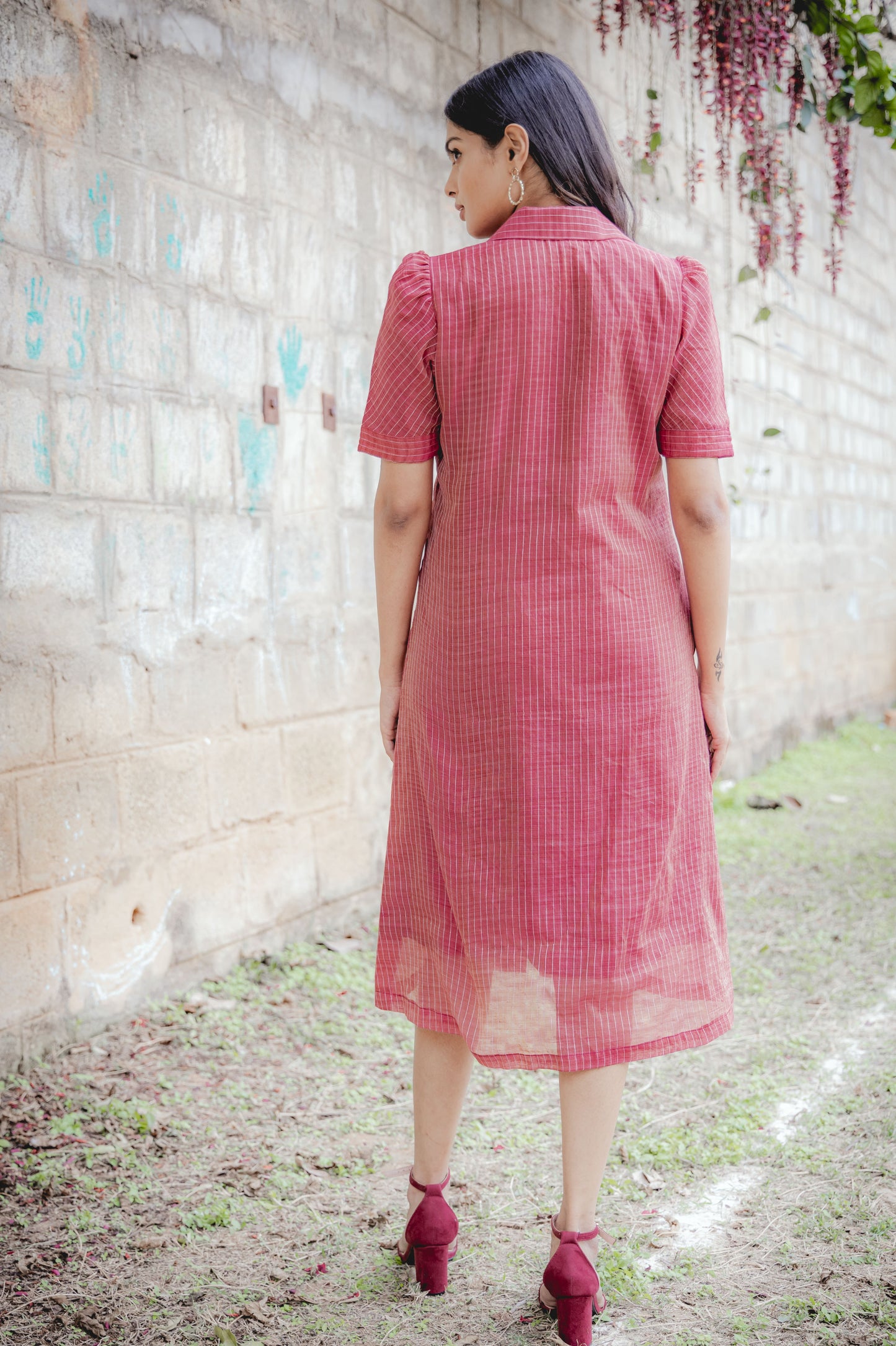 Kora Handloom Cotton with Kantha Work Comfort Fit Shirt Dress