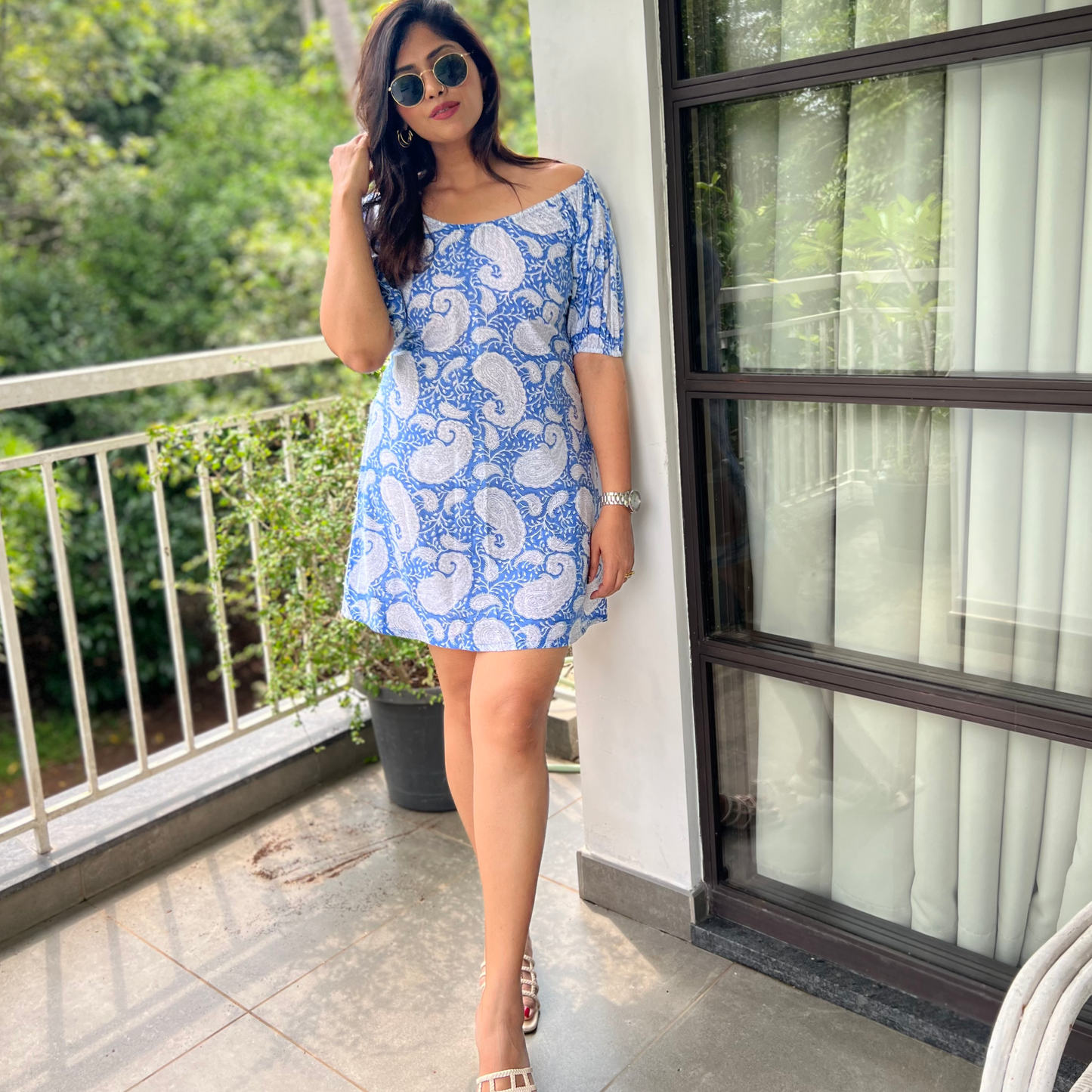 'Sky is the Limit' Handblock print Off-Shoulder Dress - Blue -Roshni Vineeth