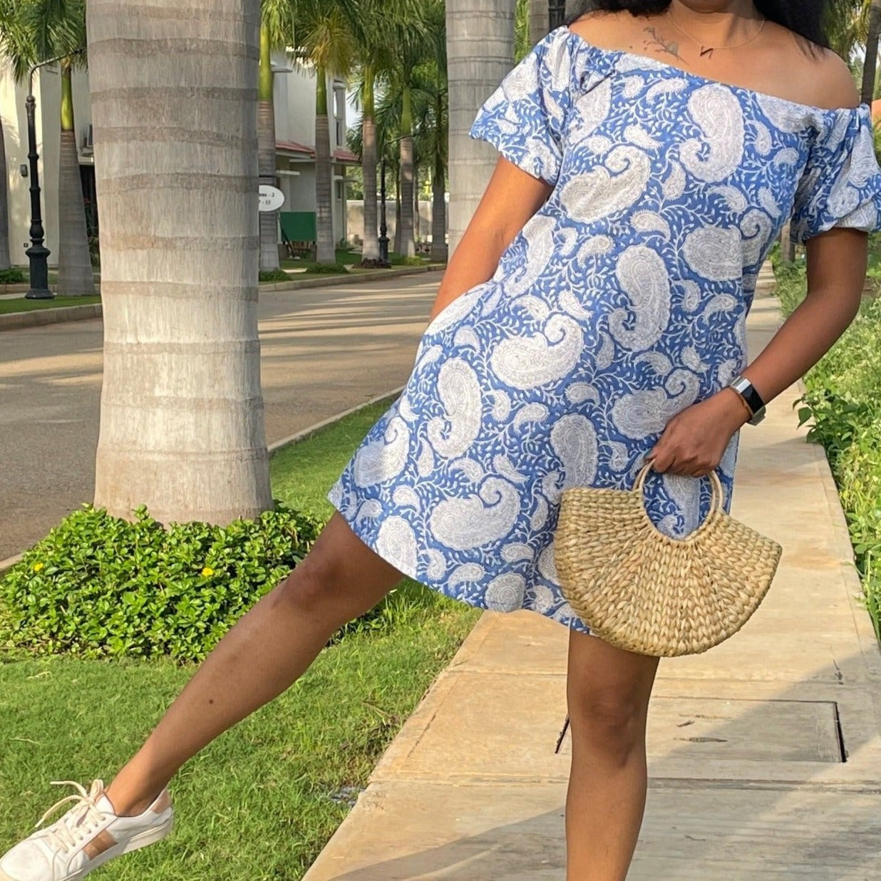 'Sky is the Limit' Handblock print Off-Shoulder Dress - Blue -Roshni Vineeth