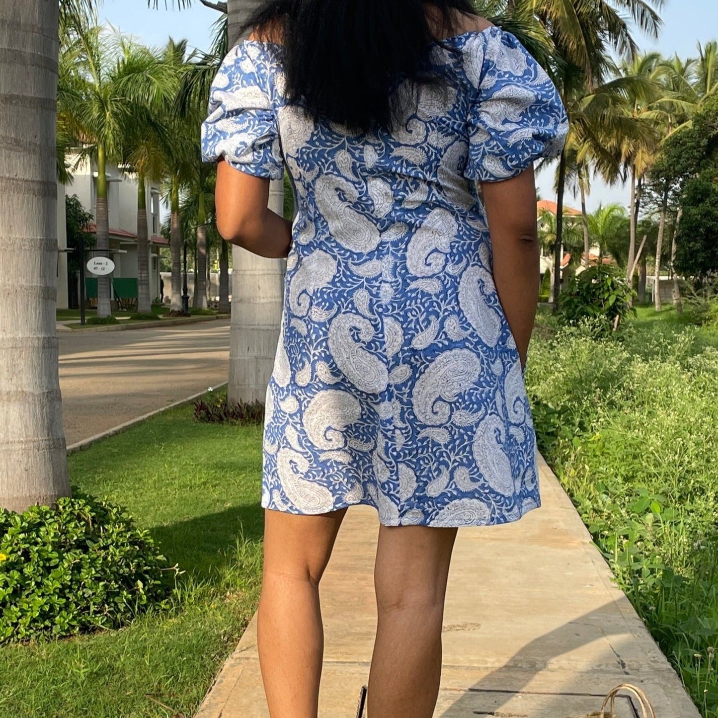 'Sky is the Limit' Handblock print Off-Shoulder Dress - Blue -Roshni Vineeth