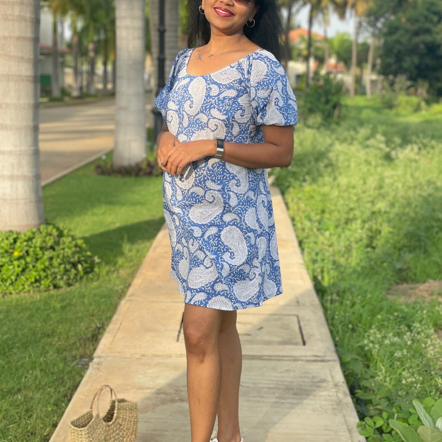 'Sky is the Limit' Handblock print Off-Shoulder Dress - Blue -Roshni Vineeth