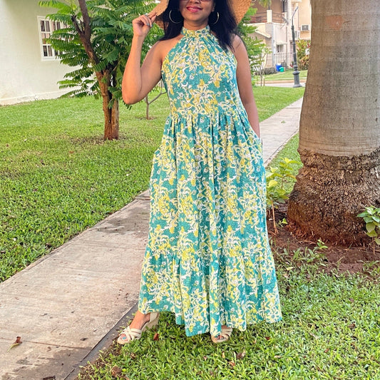 'A walk on the beach' Lime Green-Blue Off Shoulder Handblock Print Maxi Dress