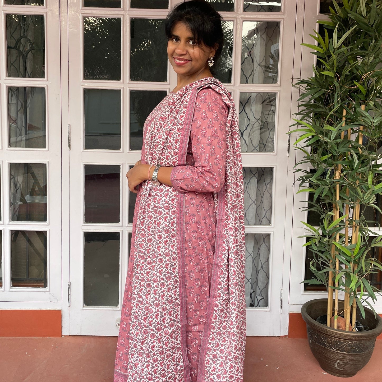 Pink White Floral Handblock Print Anarkali Suit Set