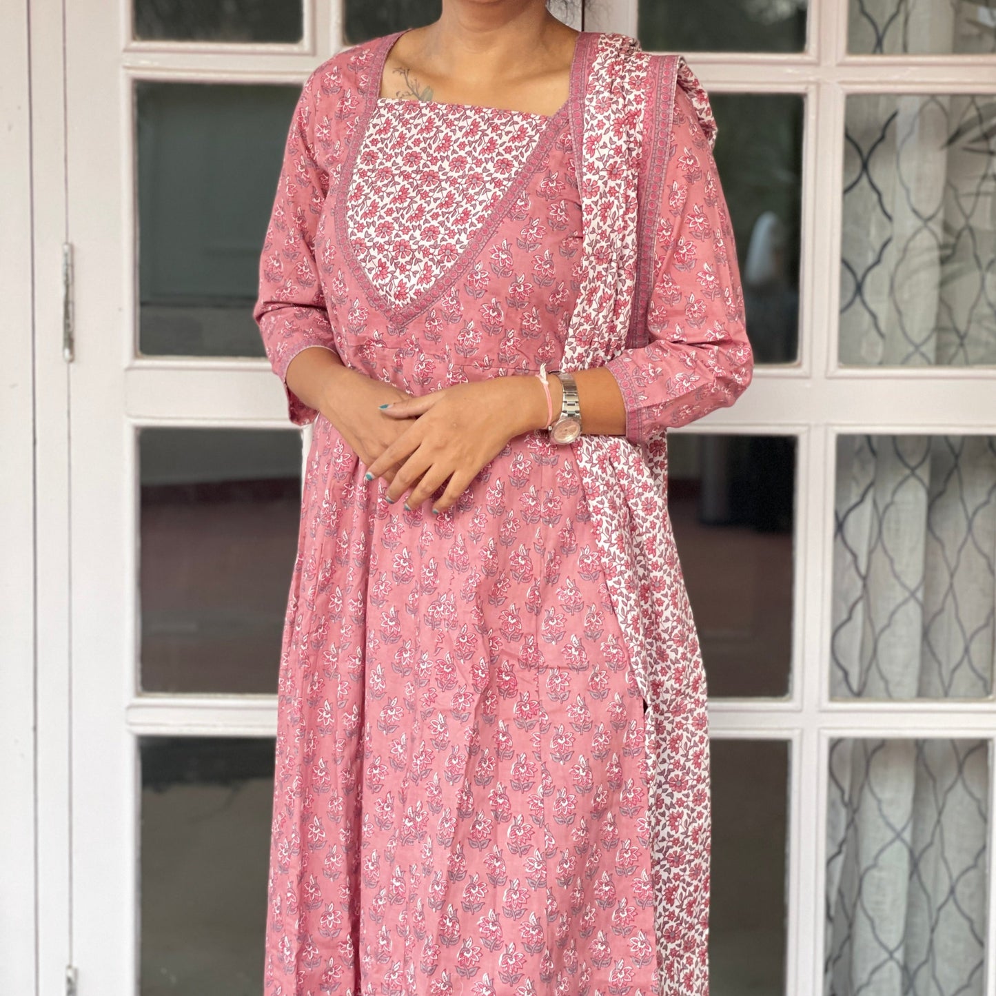 Pink White Floral Handblock Print Anarkali Suit Set