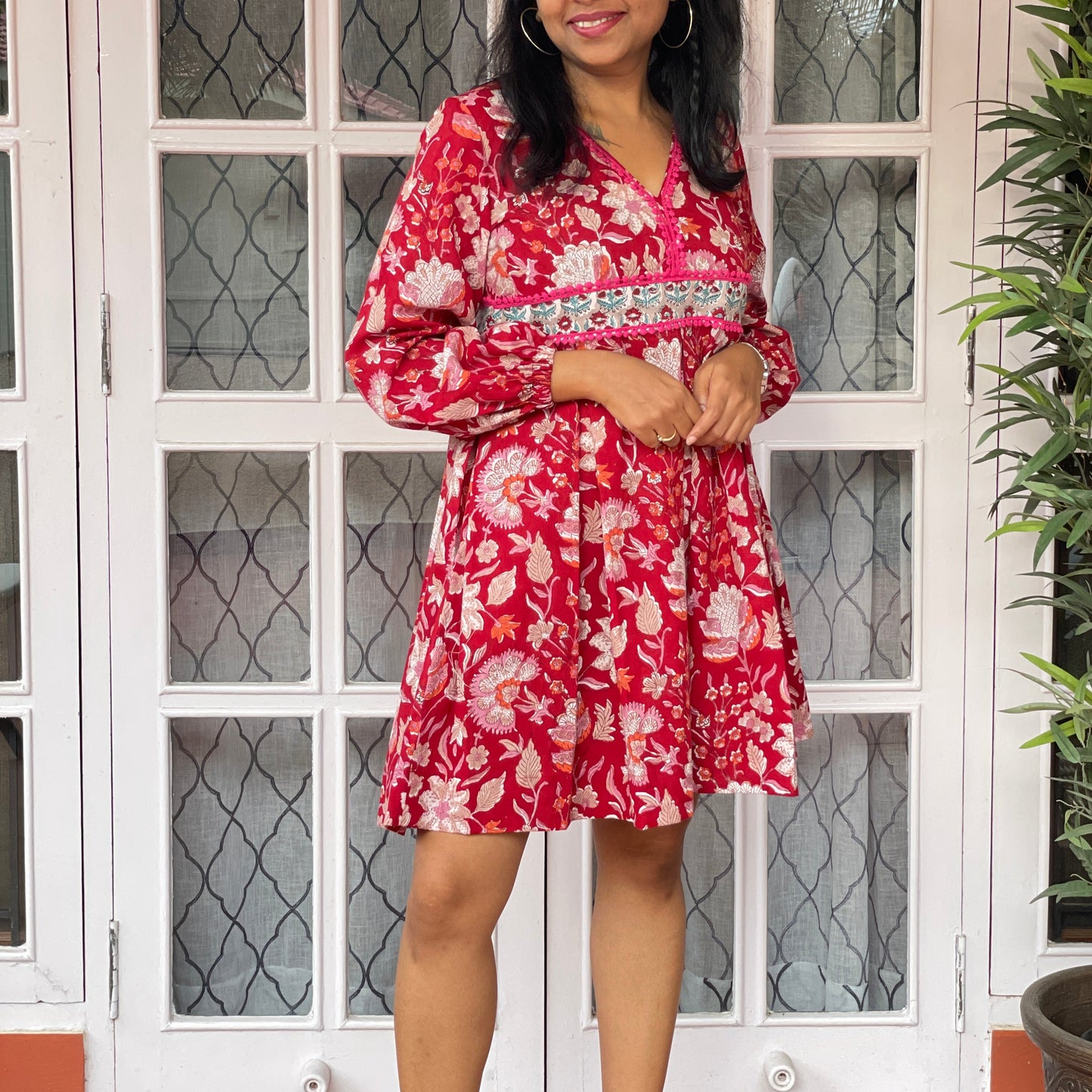 'Bloom All Day' Red Floral Box Pleated Handblock Print Short Dress.