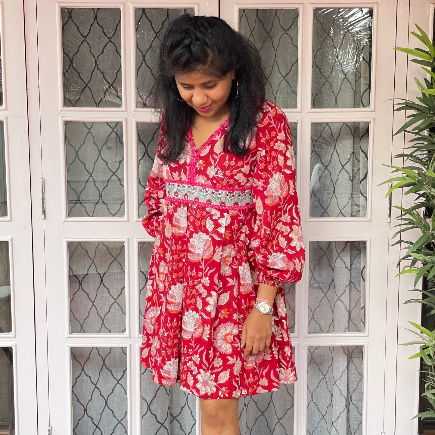 'Bloom All Day' Red Floral Box Pleated Handblock Print Short Dress.