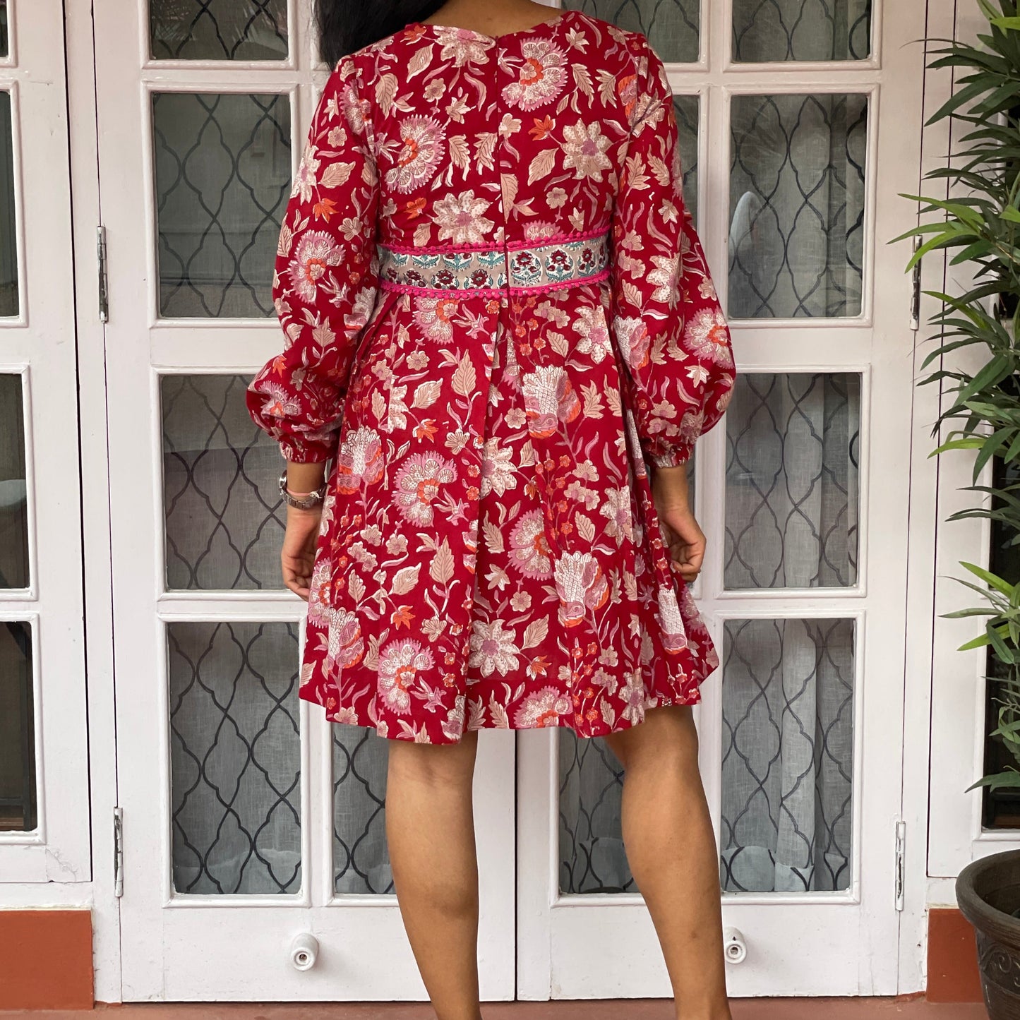 'Bloom All Day' Red Floral Box Pleated Handblock Print Short Dress.