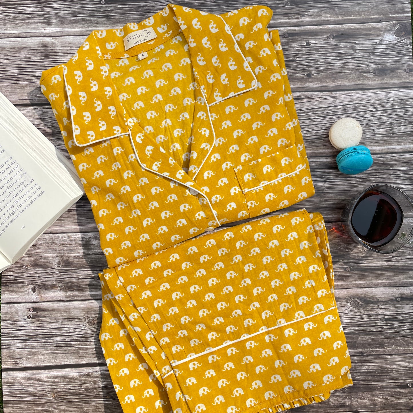 Mustard Yellow Elephant Handblock Print Pajama Set of 2