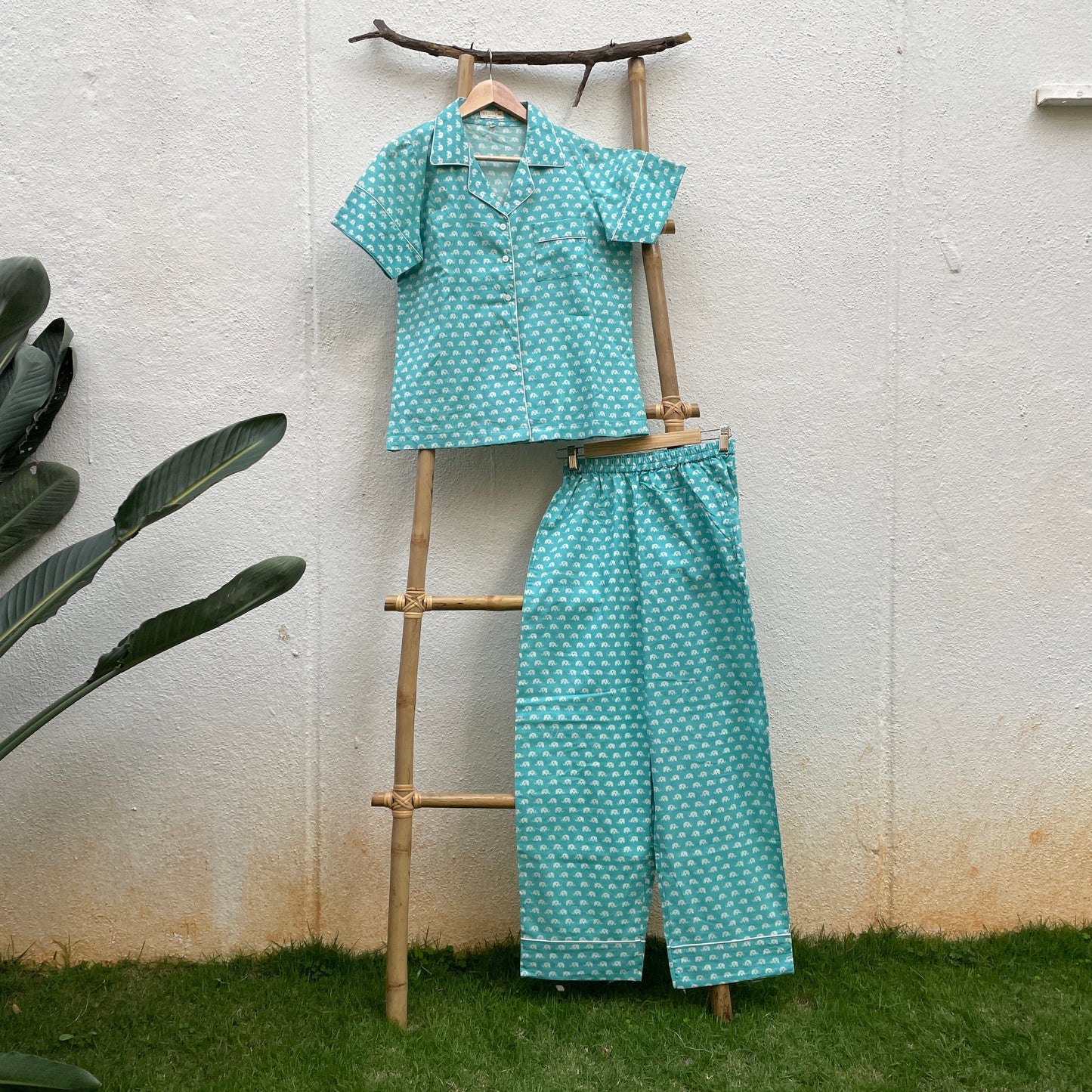 Sea Green Elephant Handblock Print Pajama Set of 2