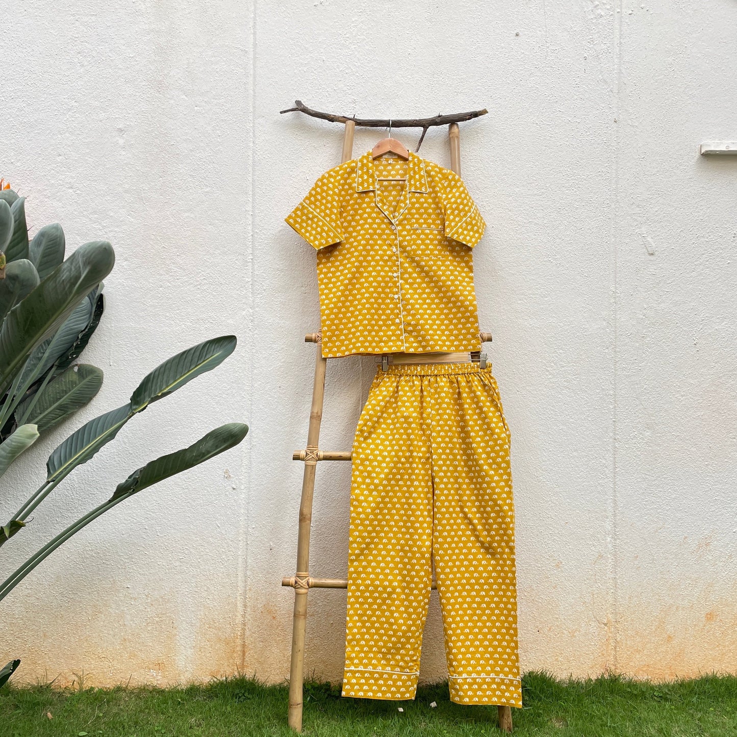 Mustard Yellow Elephant Handblock Print Pajama Set of 2