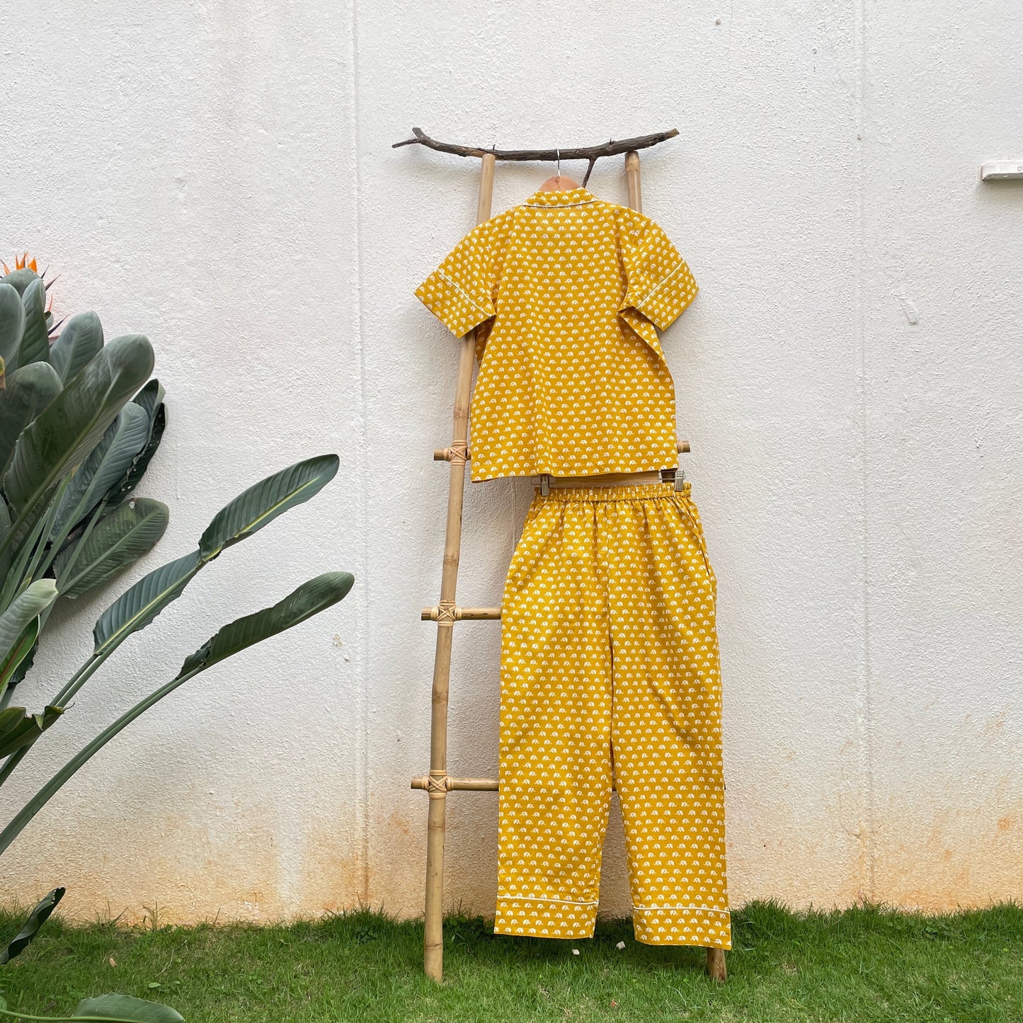 Mustard Yellow Elephant Handblock Print Pajama Set of 2