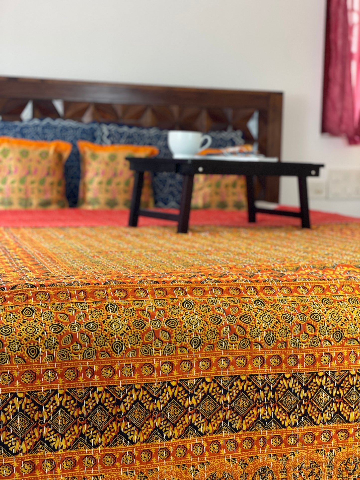Ajrakh Handblock Printed Kantha Stitch Queen Gudri/Bed Cover - Yellow Orange