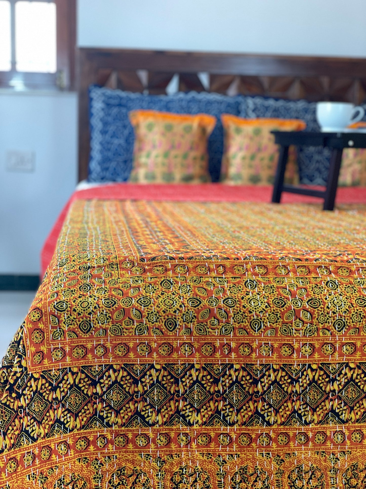 Ajrakh Handblock Printed Kantha Stitch Queen Gudri/Bed Cover - Yellow Orange