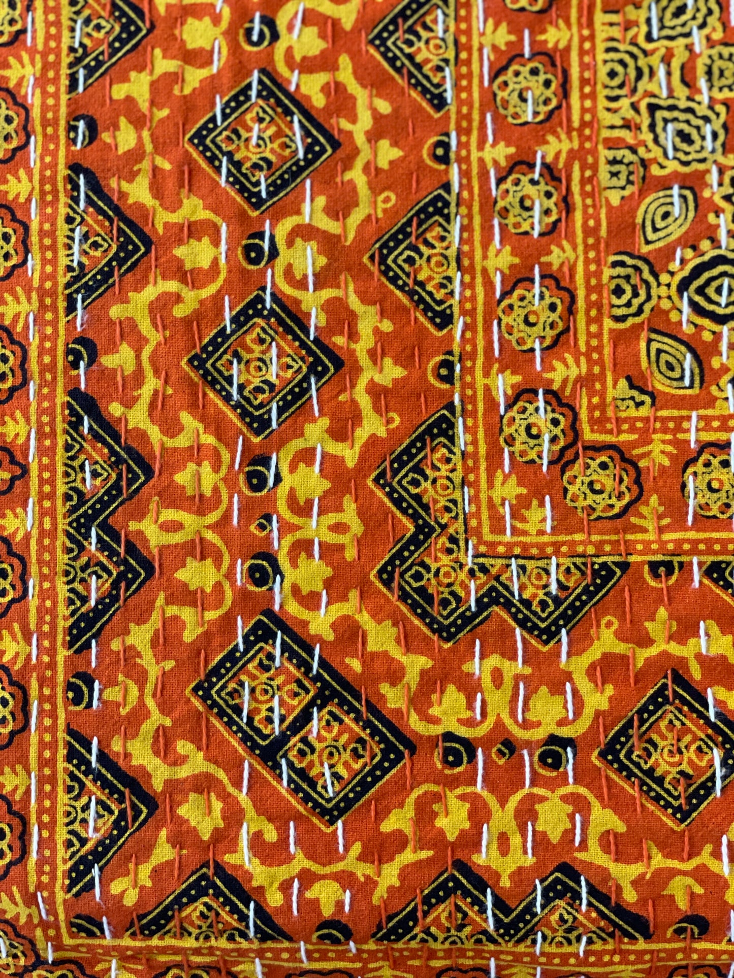 Ajrakh Handblock Printed Kantha Stitch Queen Gudri/Bed Cover - Yellow Orange