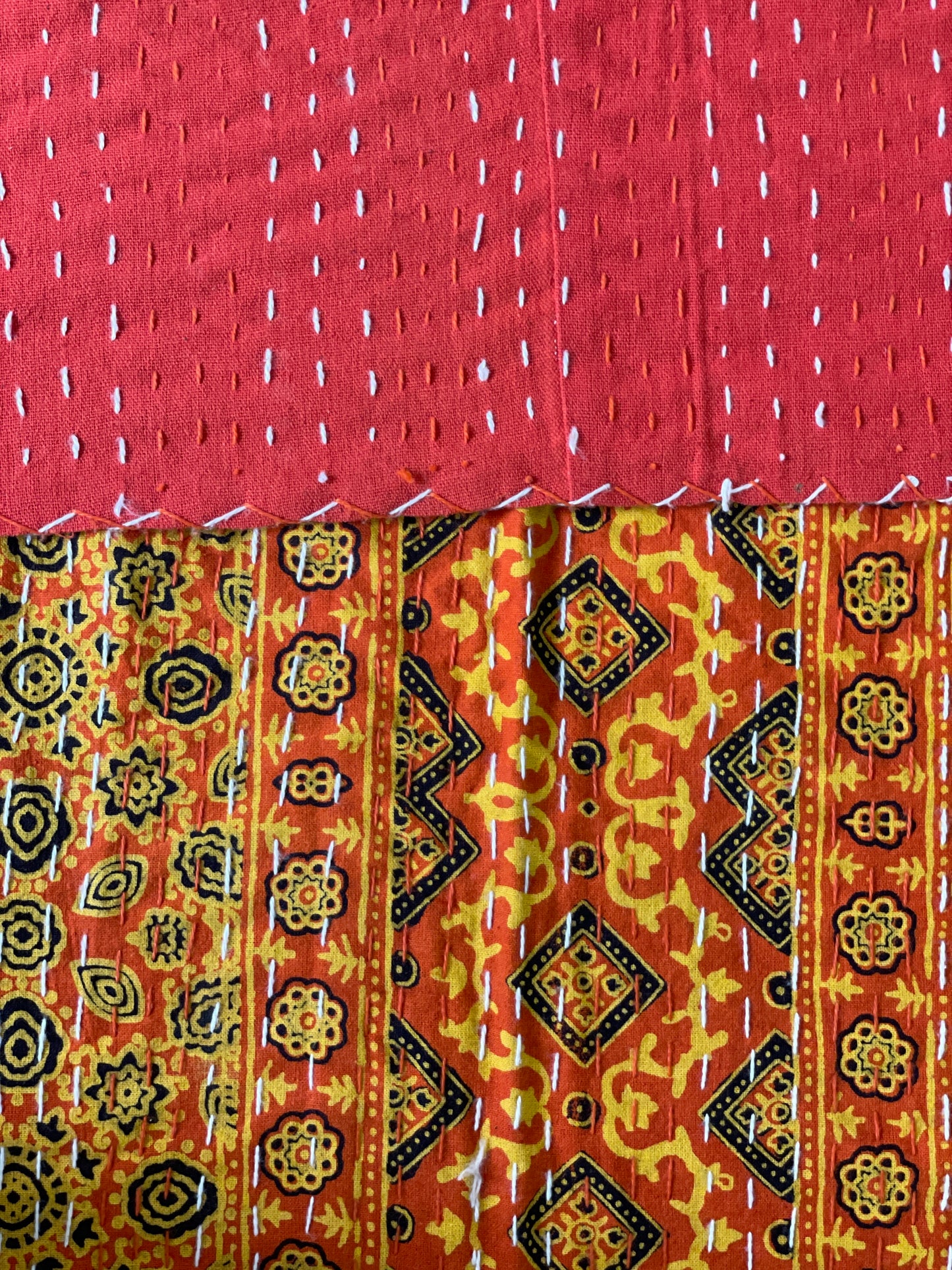 Ajrakh Handblock Printed Kantha Stitch Queen Gudri/Bed Cover - Yellow Orange