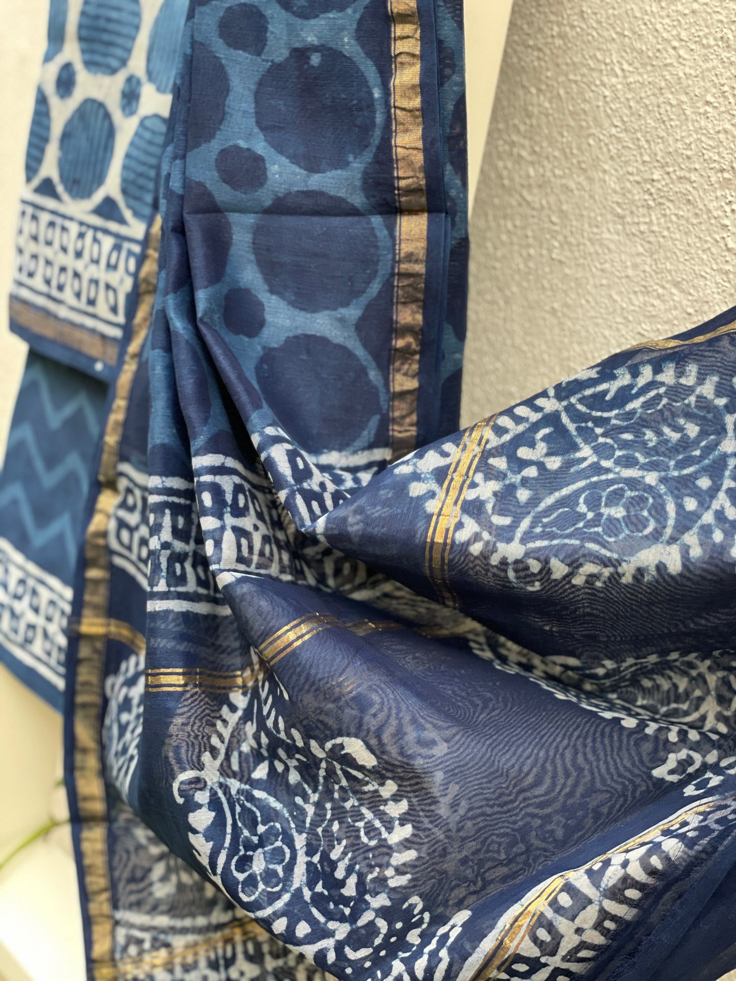 Bagru Handblock print Chanderi Silk Dress Material - Enchanting Indigo