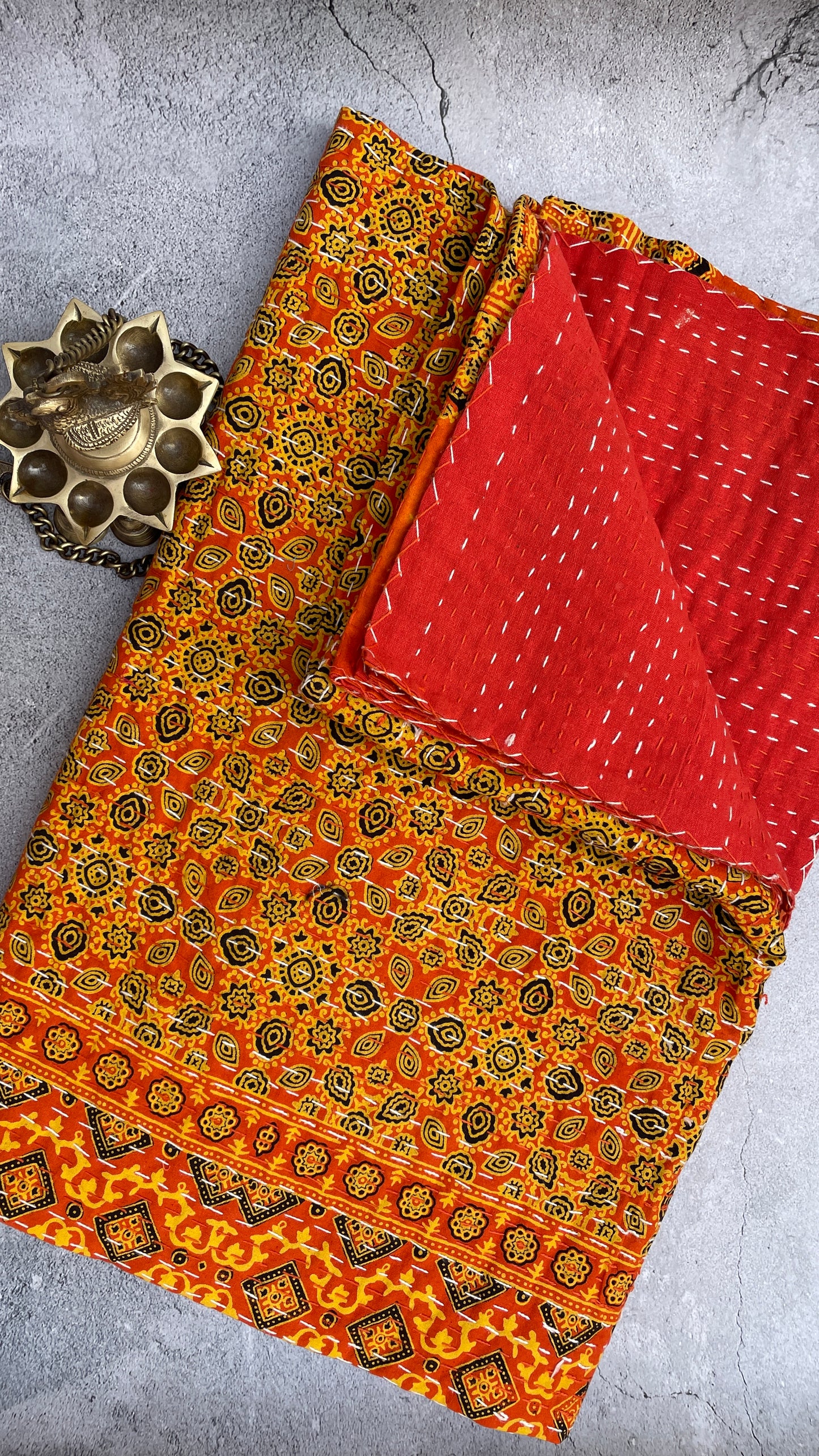 Ajrakh Handblock Printed Kantha Stitch Queen Gudri/Bed Cover - Yellow Orange