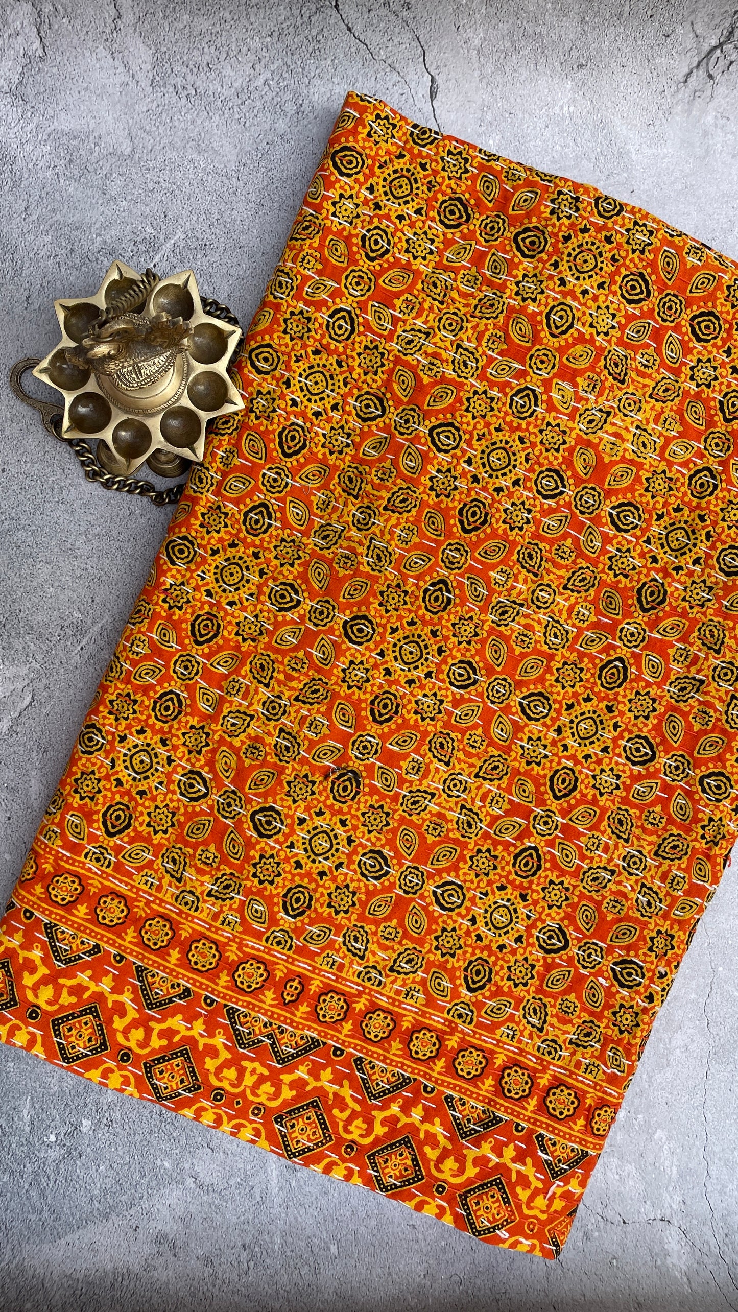 Ajrakh Handblock Printed Kantha Stitch Queen Gudri/Bed Cover - Yellow Orange