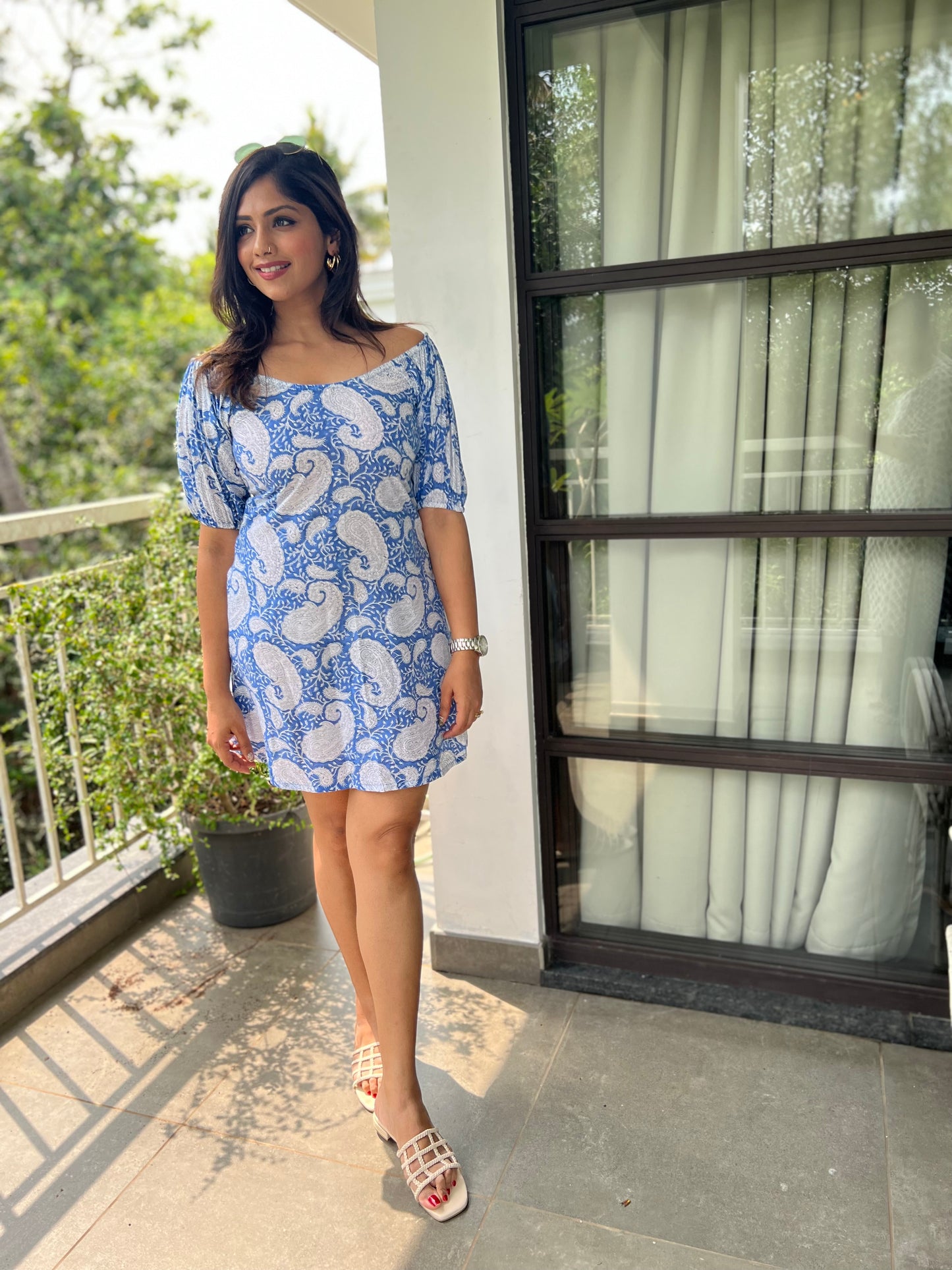 'Sky is the Limit' Handblock print Off-Shoulder Dress - Blue -Roshni Vineeth