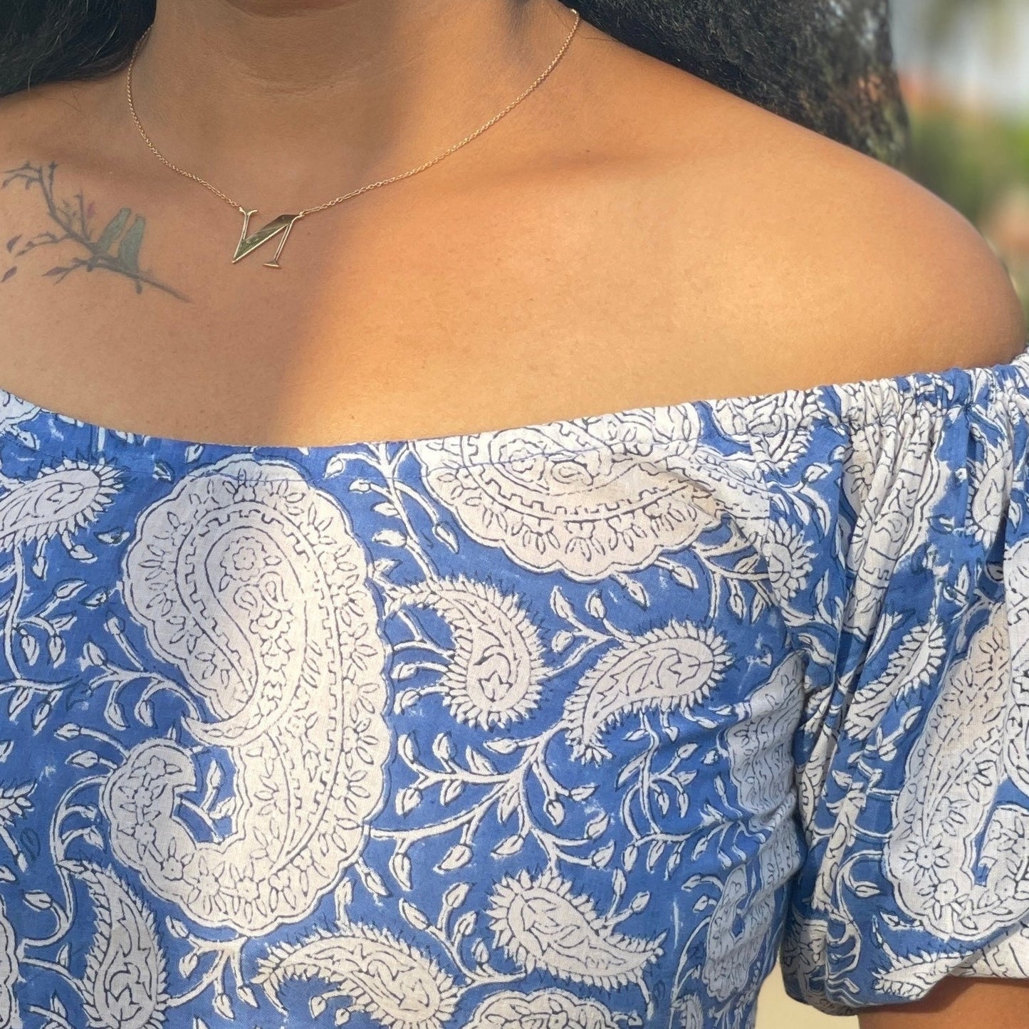 'Sky is the Limit' Handblock print Off-Shoulder Dress - Blue -Roshni Vineeth