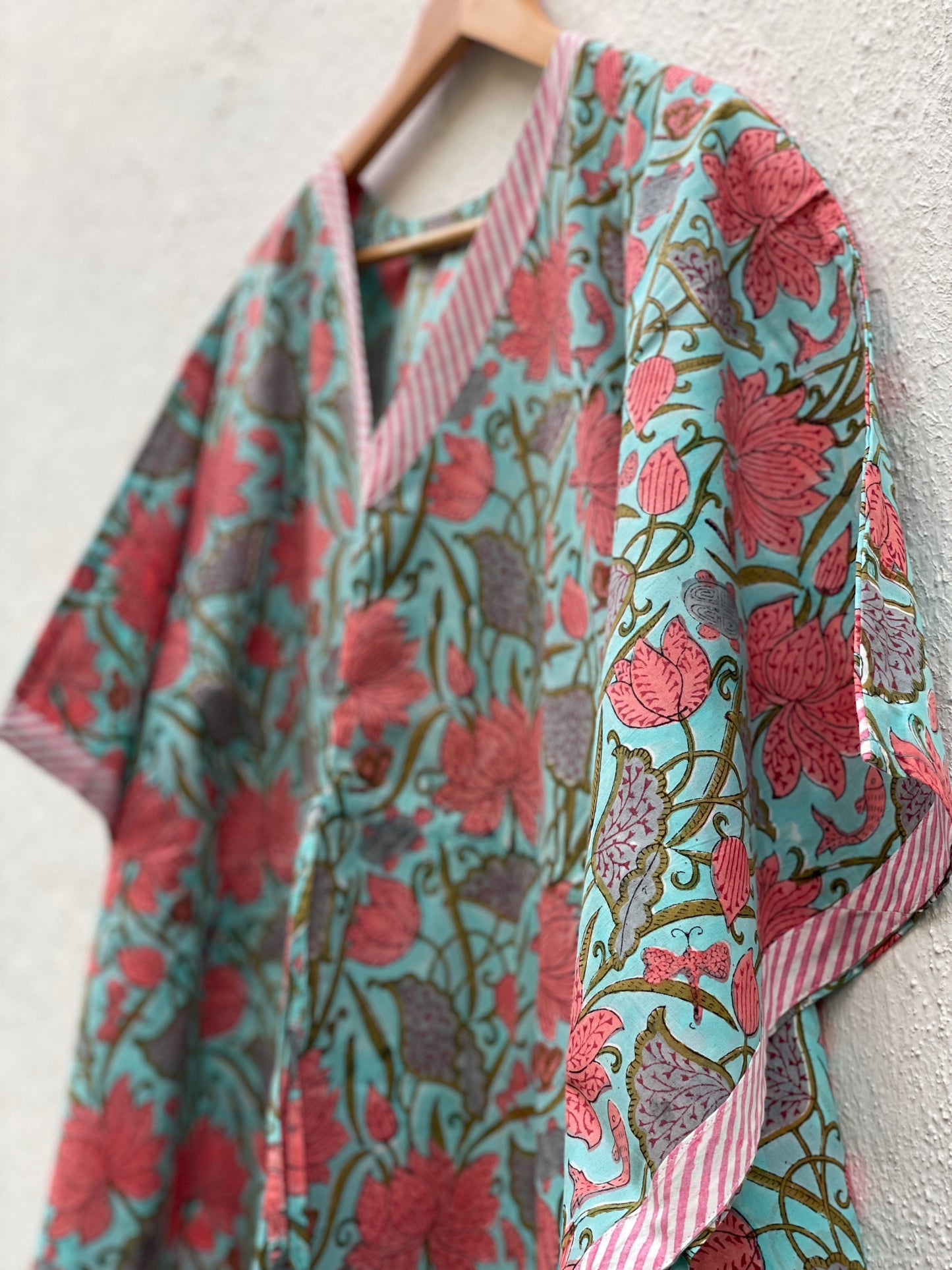 Serene Blue Red Floral Handblock print Long Kaftan