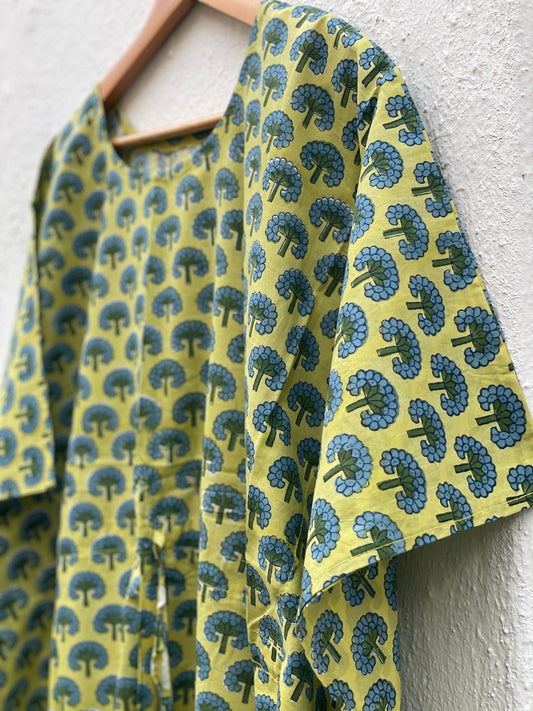 Budding Green Handblock print Long Kaftan