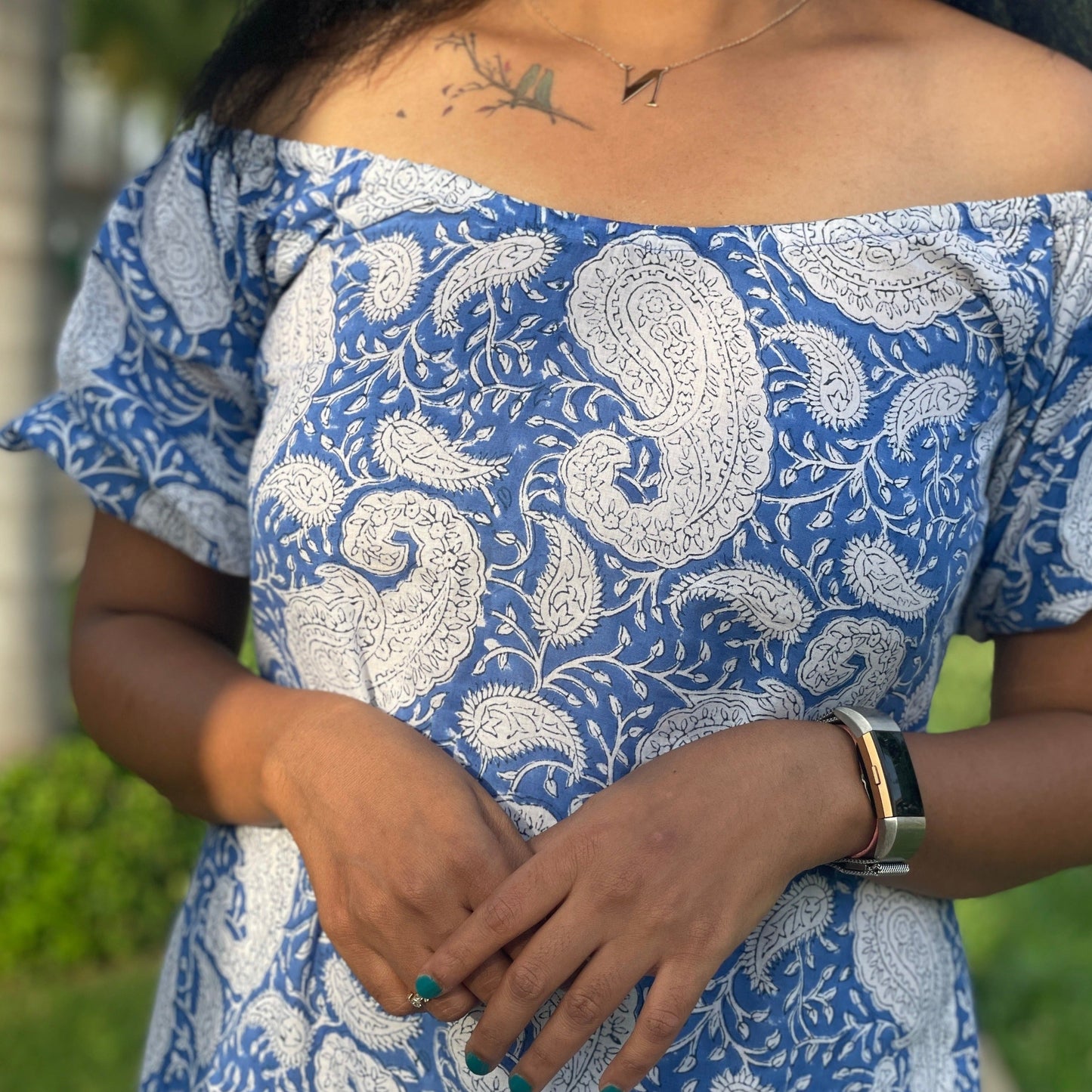 'Sky is the Limit' Handblock print Off-Shoulder Dress - Blue -Roshni Vineeth