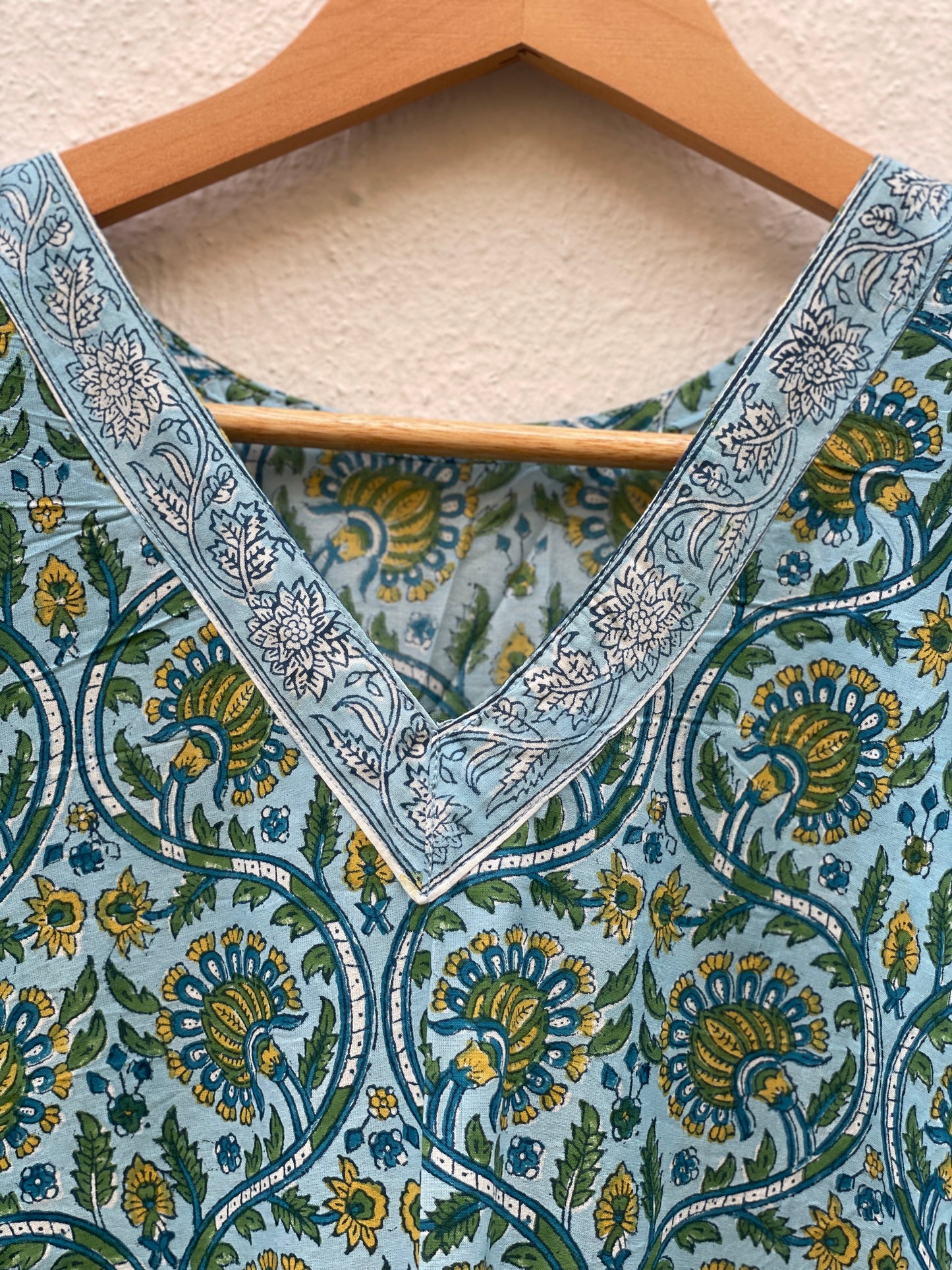 Enchanting Blue Green Floral Handblock print Long Kaftan