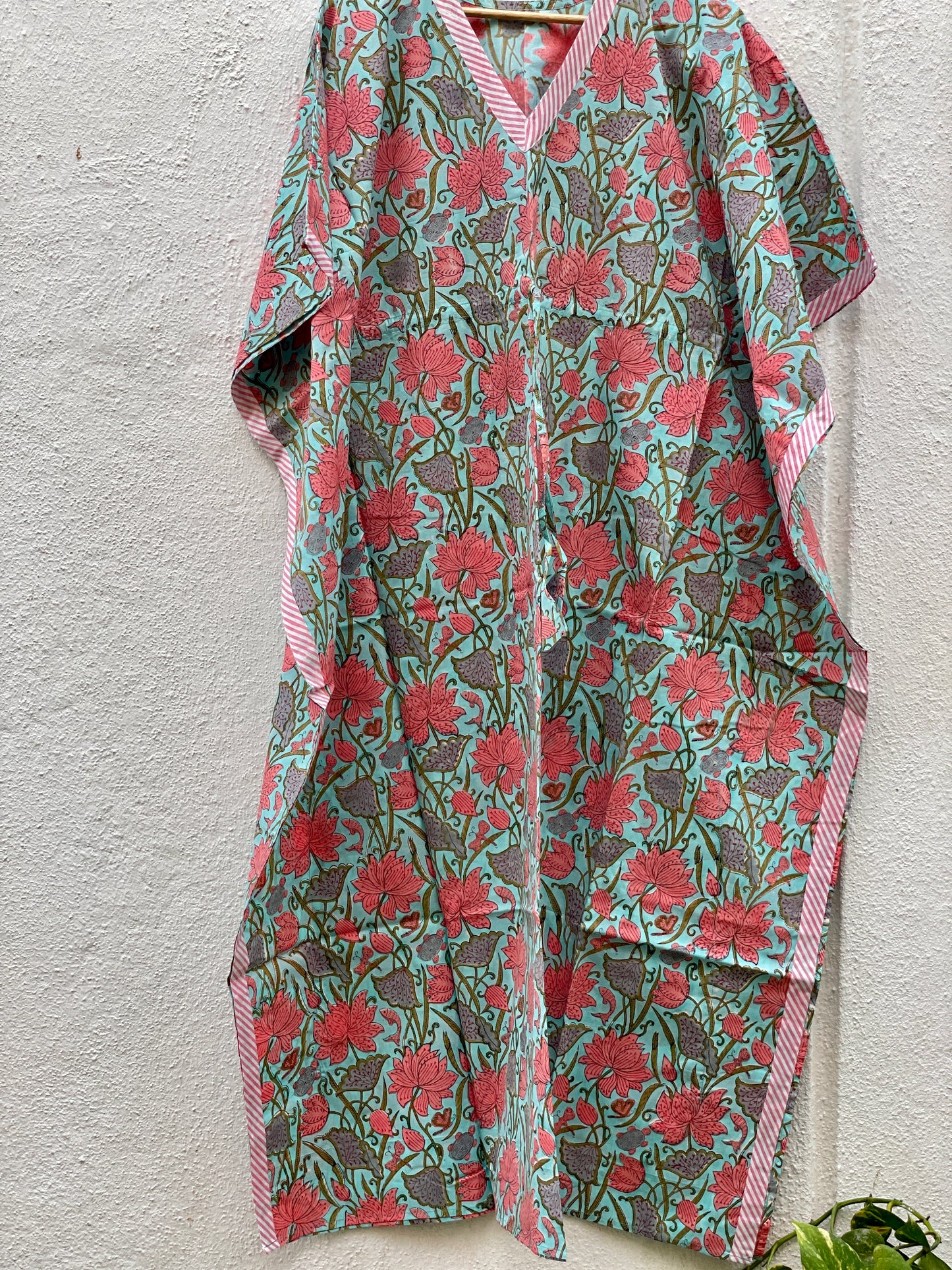 Serene Blue Red Floral Handblock print Long Kaftan