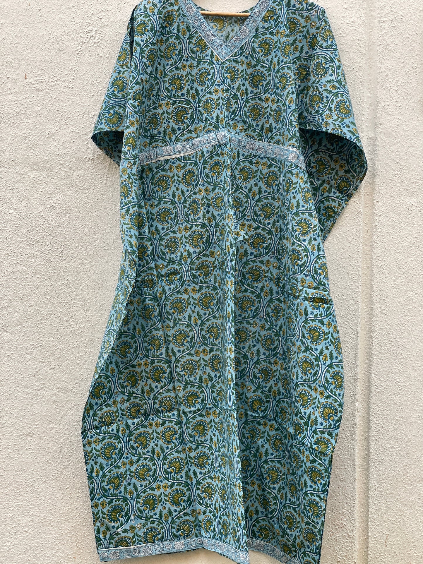 Enchanting Blue Green Floral Handblock print Long Kaftan