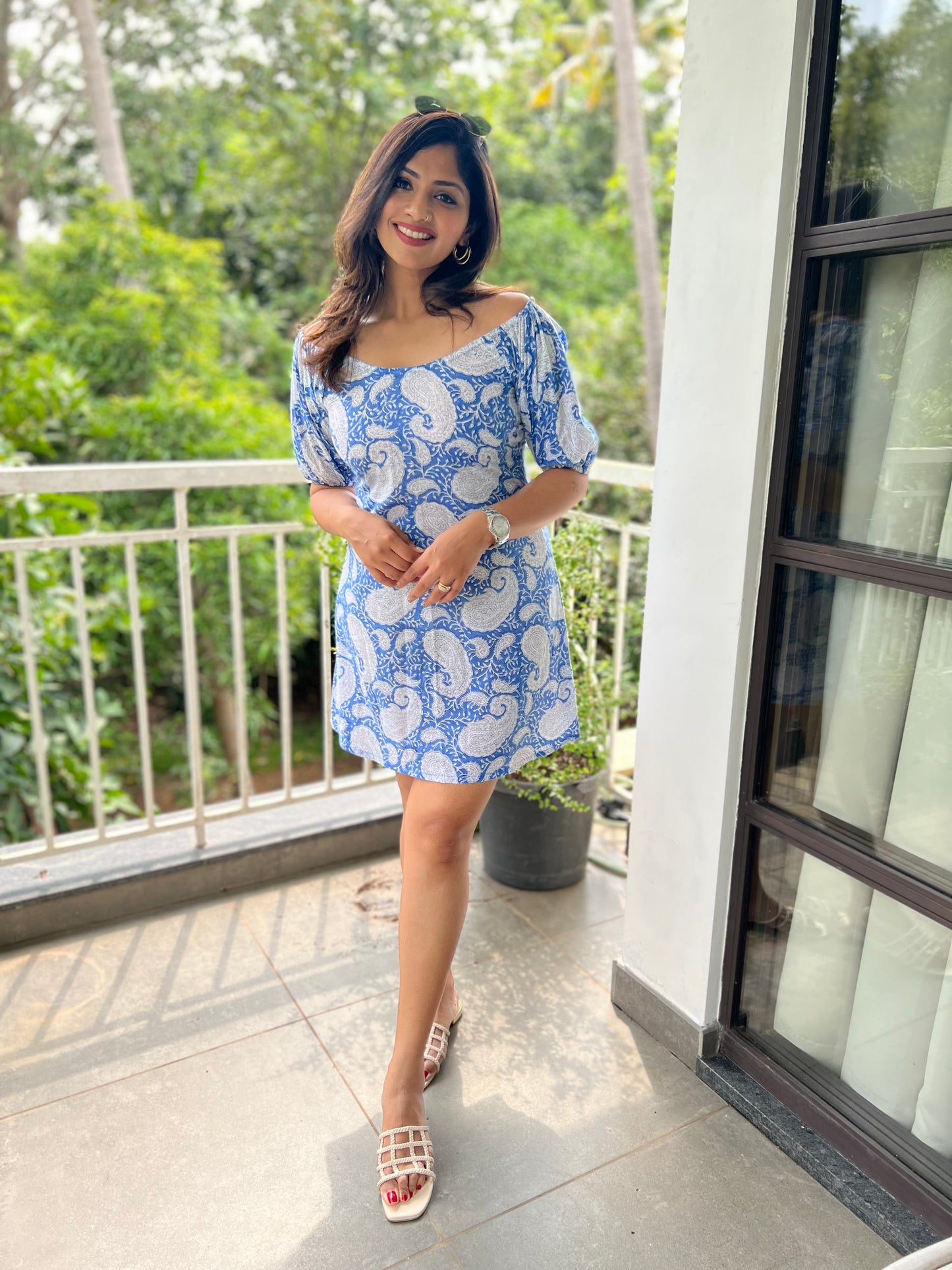 'Sky is the Limit' Handblock print Off-Shoulder Dress - Blue -Roshni Vineeth